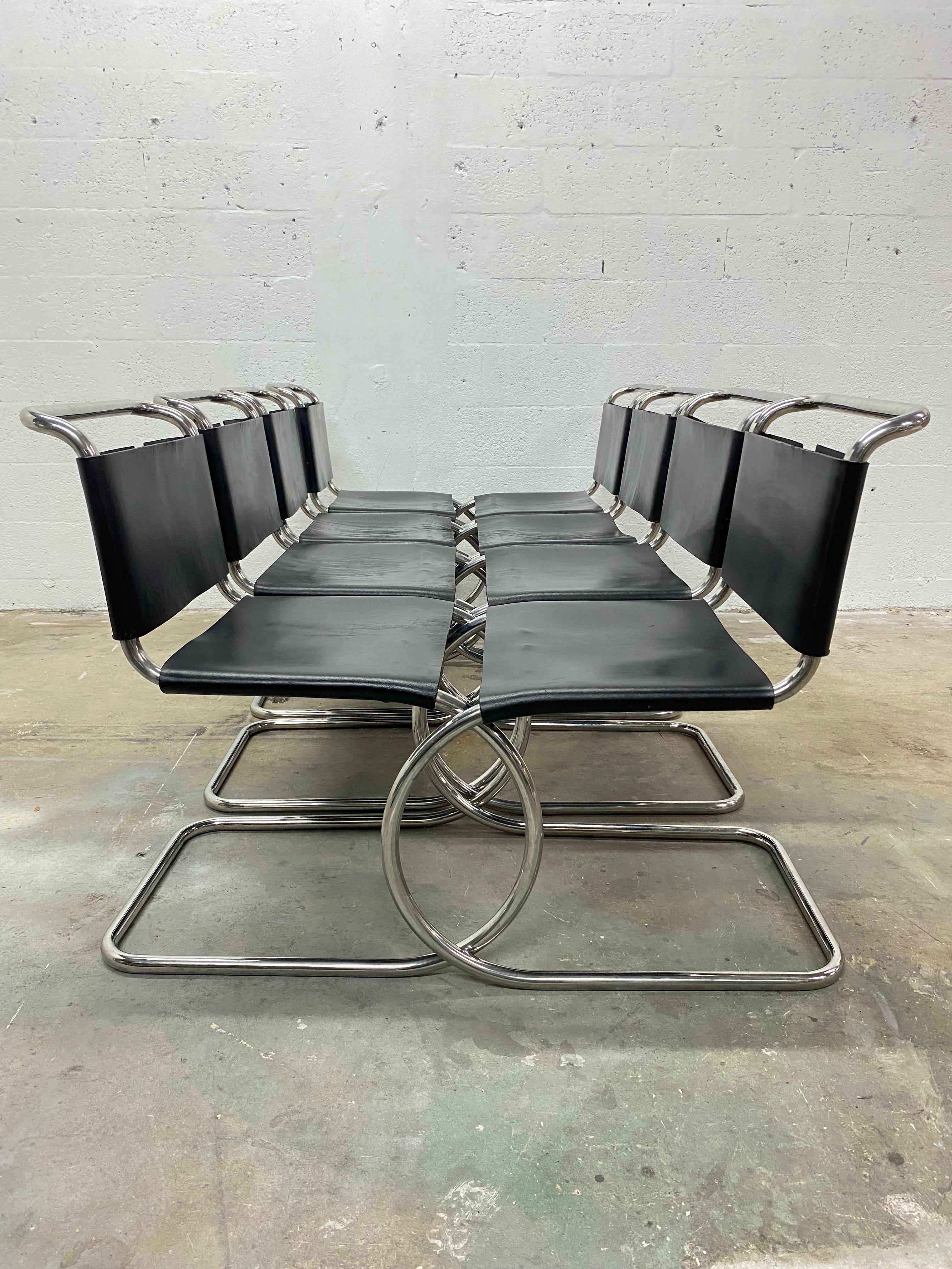 Mies Van Der Rohe MR10 Black Leather Dining Chairs for Knoll, Set of Eight 2