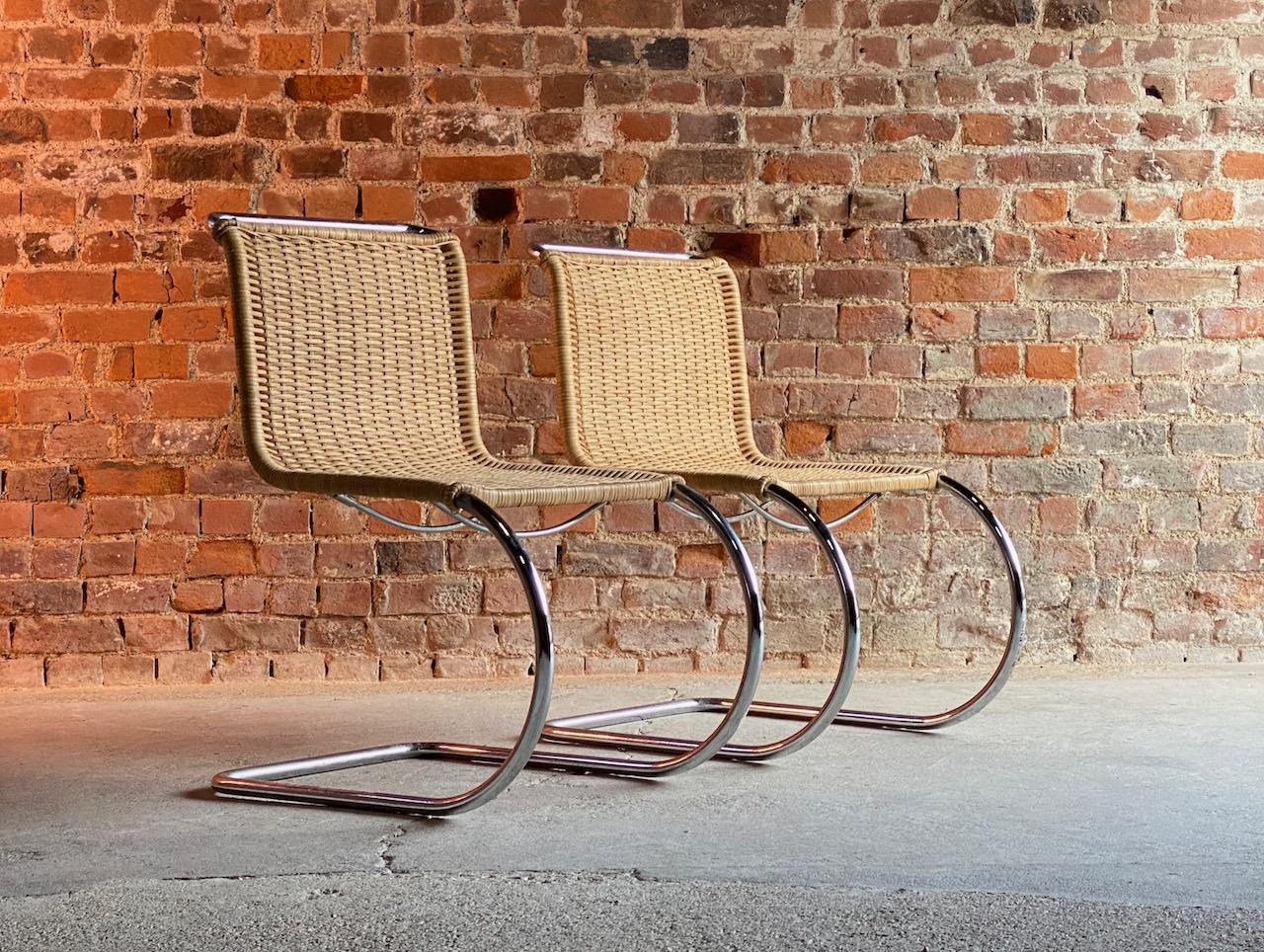 Mies van der Rohe MR10 rattan Cantilever chairs pair by Knoll, circa 1970

Stunning pair of Ludwig Mies van der Rohe MR10 rattan cantilever dining chairs by Knoll USA circa 1970s, the chairs offered in superb condition with new rattan on chrome