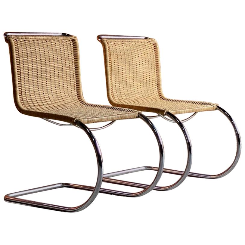 Mies van der Rohe MR10 Rattan Cantilever Chairs Pair by Knoll, circa 1970