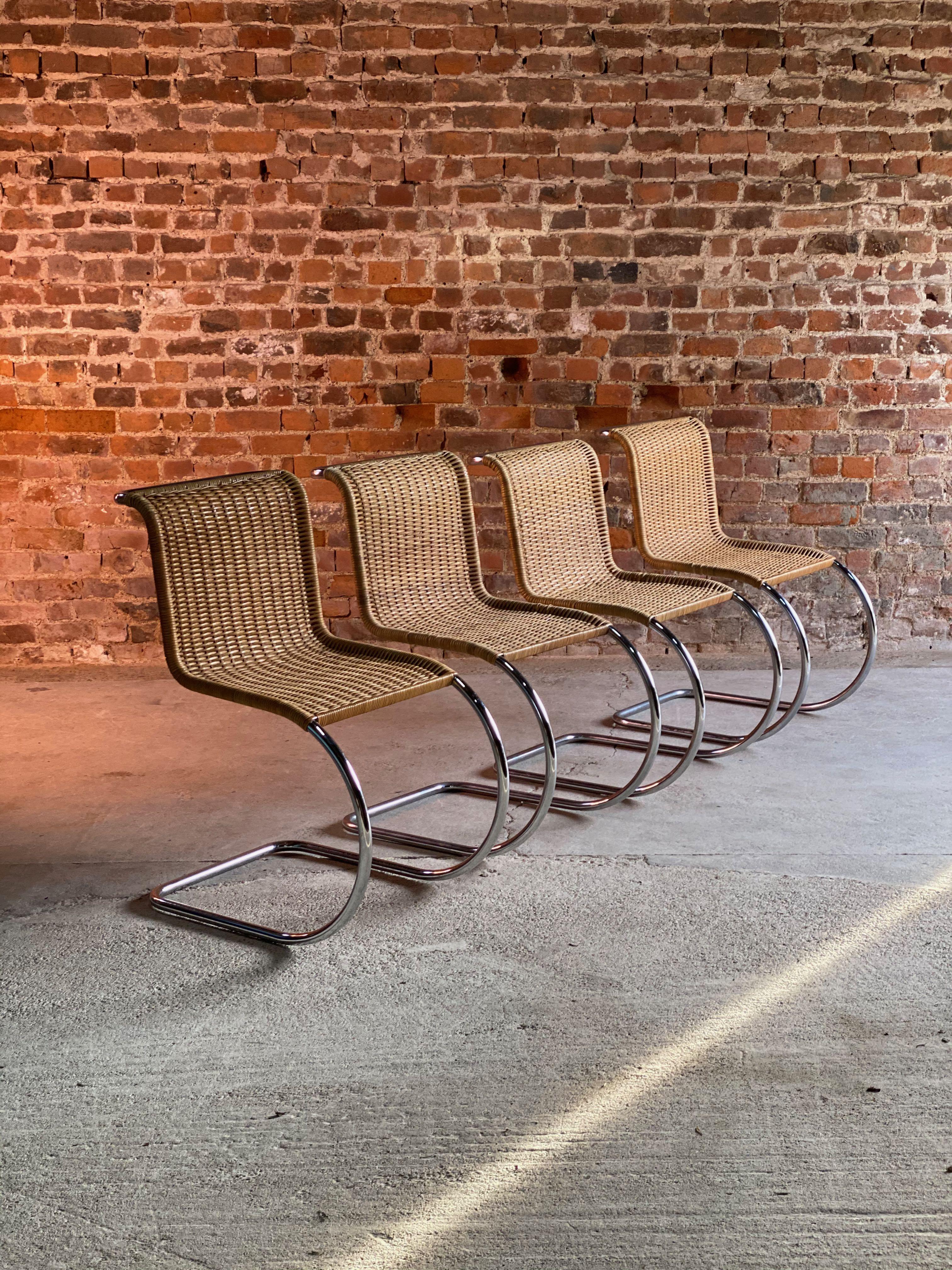 Mies van der Rohe MR10 Rattan Cantilever chairs set of four by Knoll Original circa 1970

MR10 rattan and chrome Cantilever dining chairs by Ludwig Mies van der Rohe for Knoll circa 1970s. A rare opportunity to find a matching set of four iconic