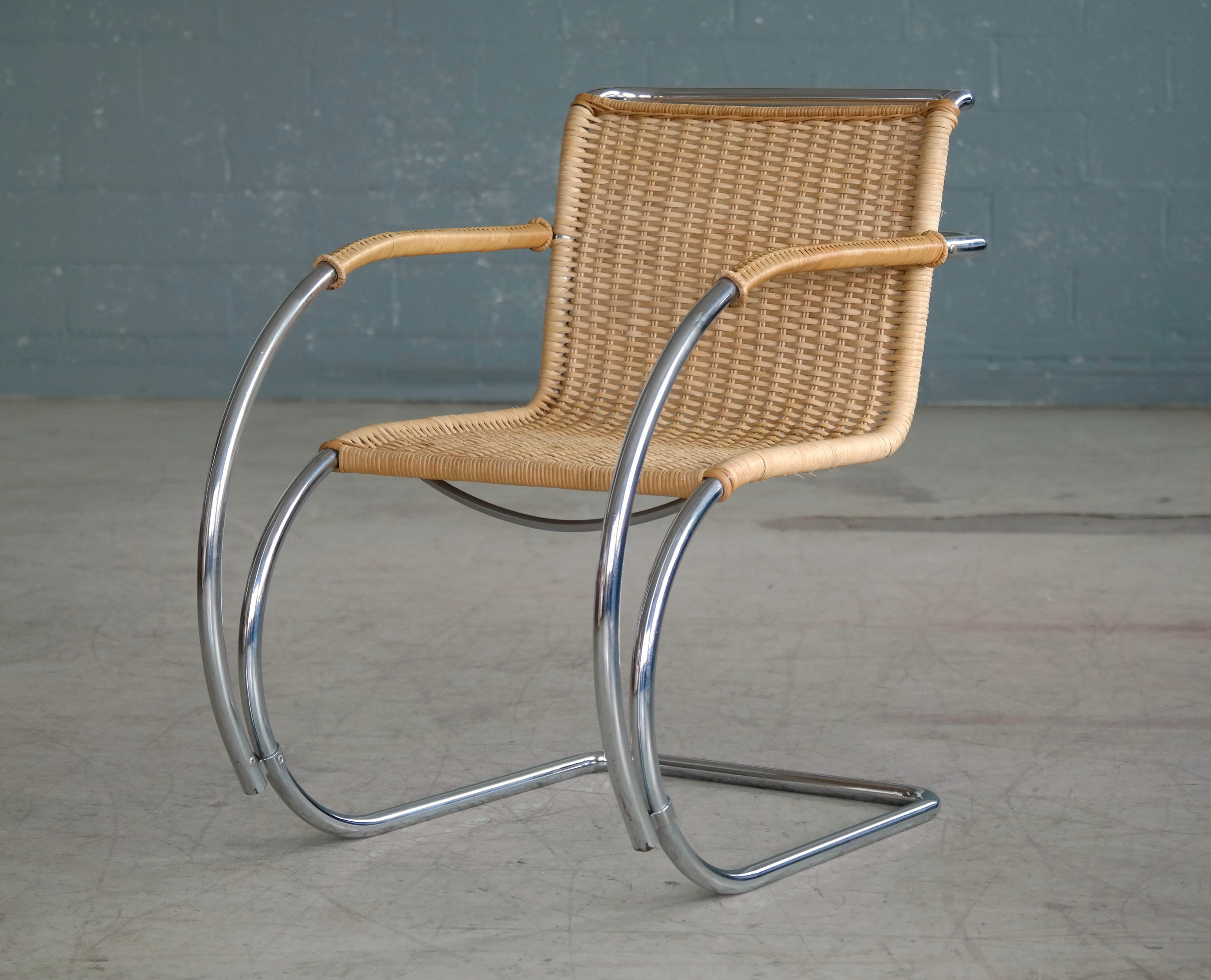 Beautiful iconic model MR20 chair designed by Ludwig Mies van der Rohe in the Bauhaus style, circa 1927. A sought after and rare all-time classic the MR20 chair is made from wicker and tubular chromed steel. Several manufacturers have produced the