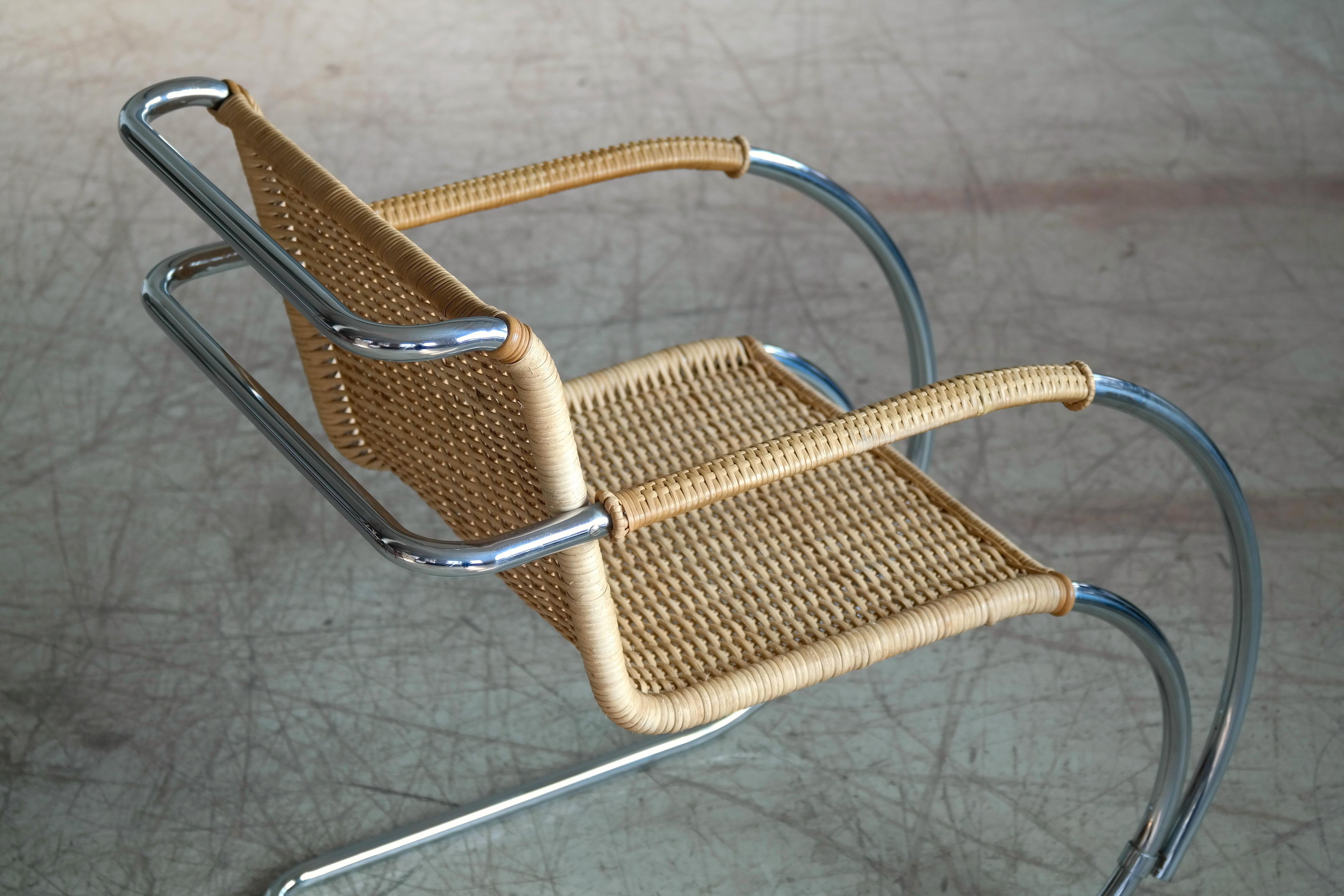 Danish Mies van der Rohe MR20 Bauhaus Lounge Chair in Chromed Steel and Wicker