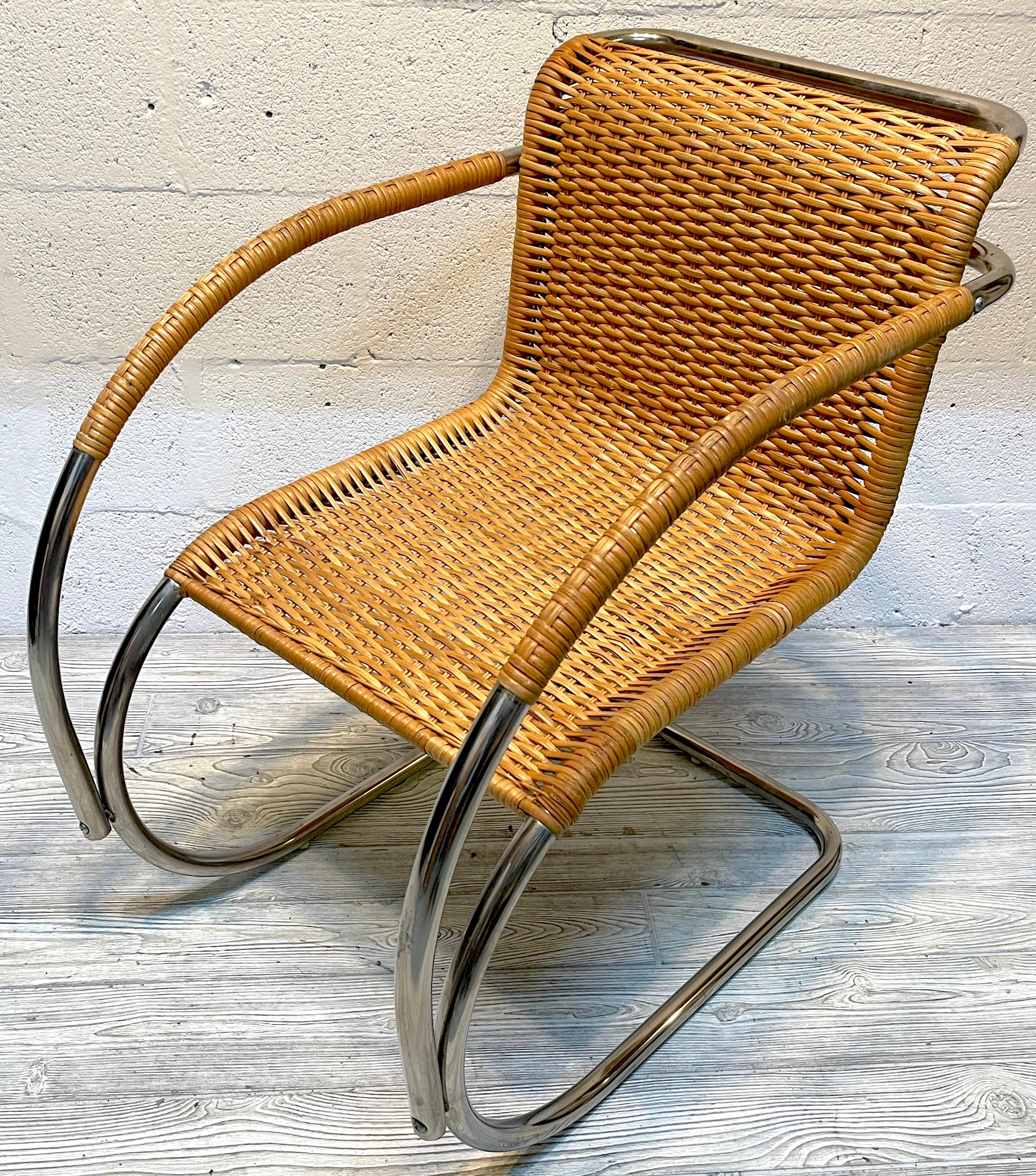 Mies van der Rohe MR20 Chrome & Wicker Lounge Chair, circa 1970s
A fine vintage Stendig / Italian made example, in well cared vintage condition, all the wicker is intact, retaining a beautiful patina, ready to place. 
The chair measures 31