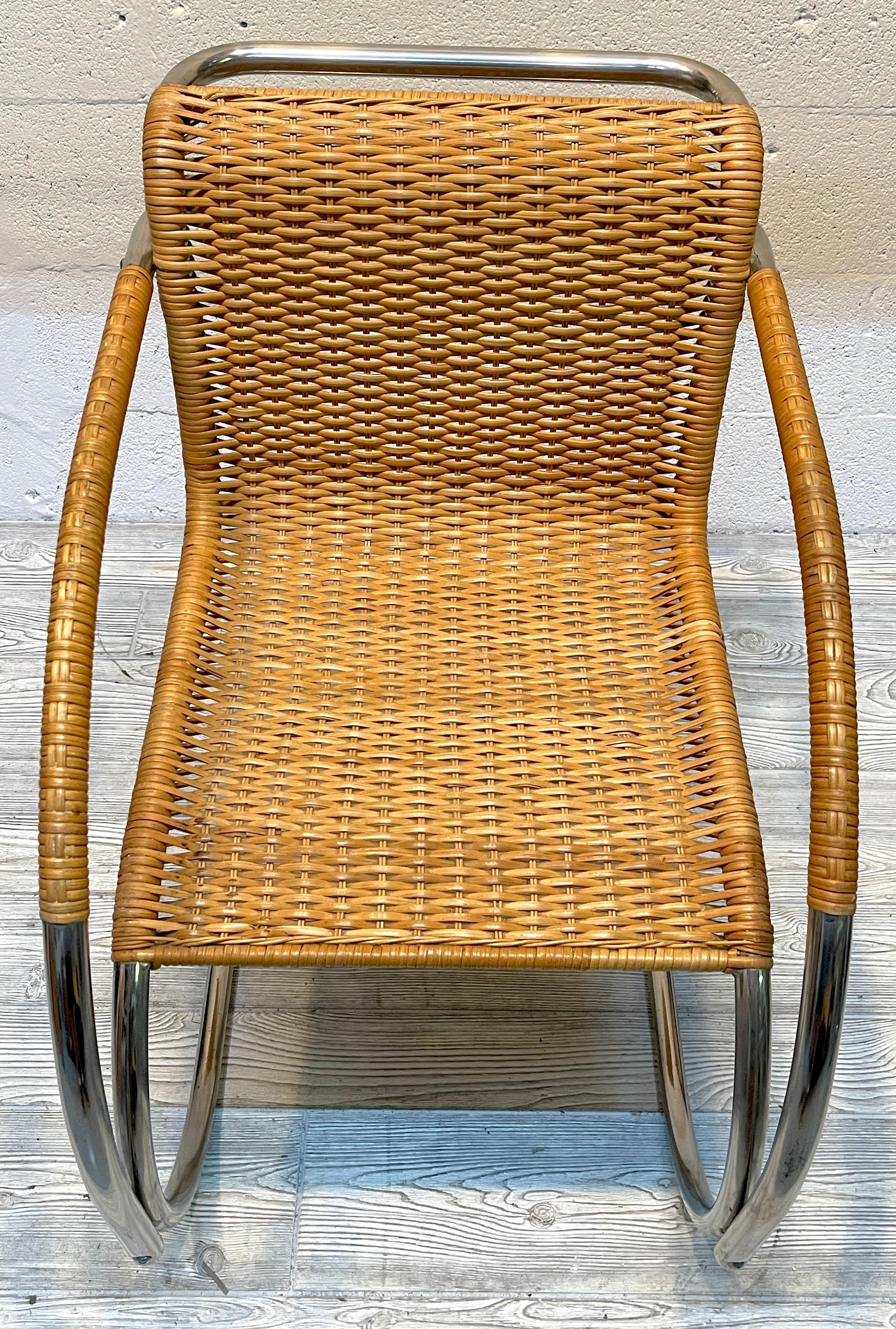 Mid-Century Modern Mies van der Rohe MR20 Chrome & Wicker Lounge Chair, circa 1970s