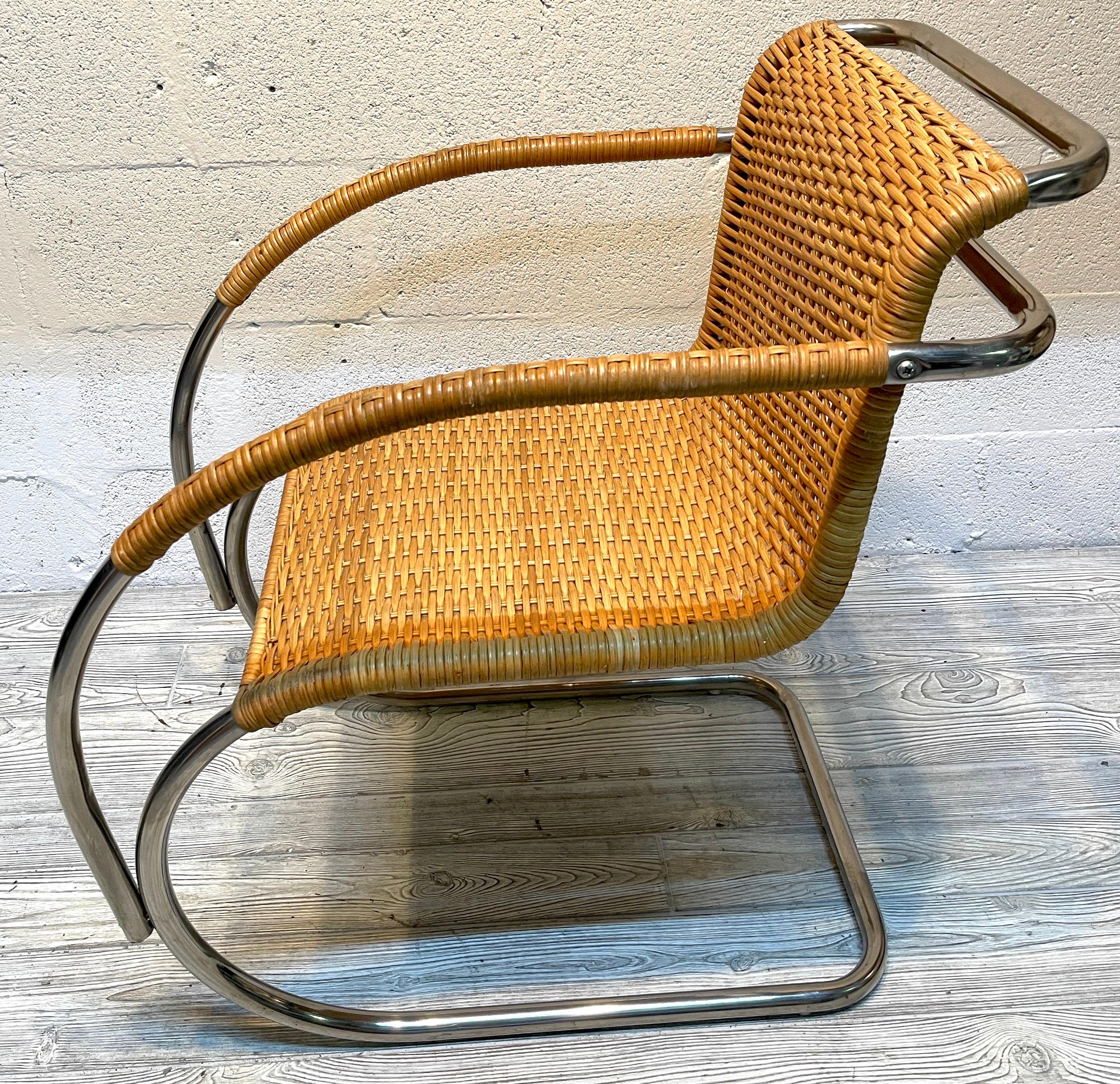 Italian Mies van der Rohe MR20 Chrome & Wicker Lounge Chair, circa 1970s