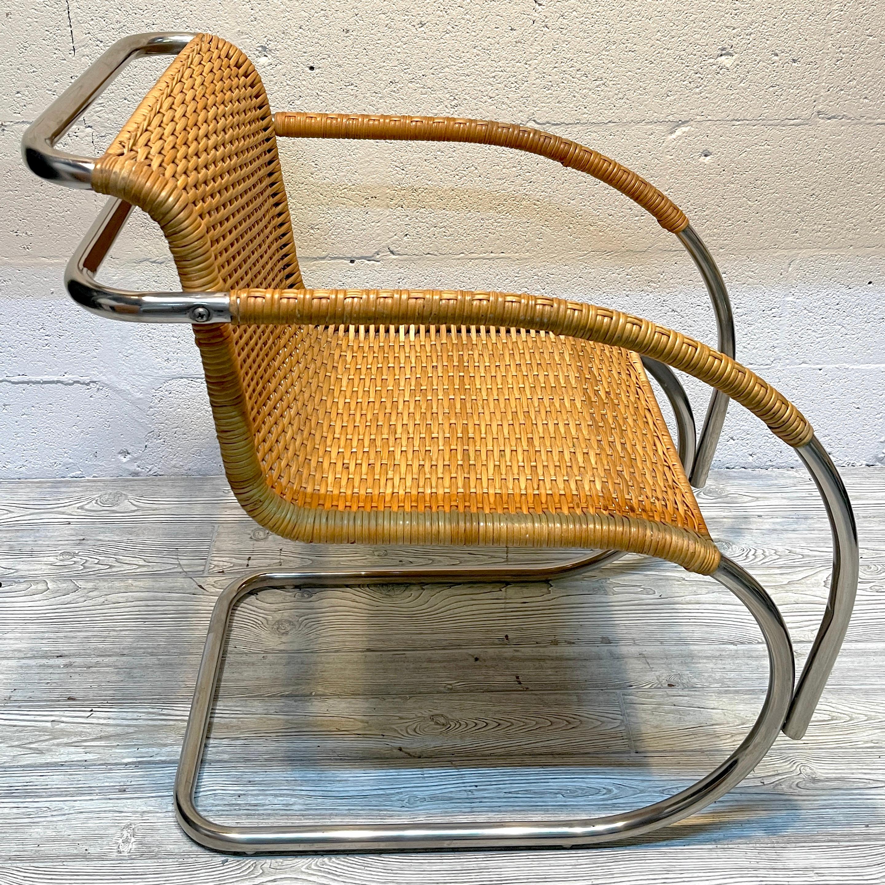 Woven Mies van der Rohe MR20 Chrome & Wicker Lounge Chair, circa 1970s