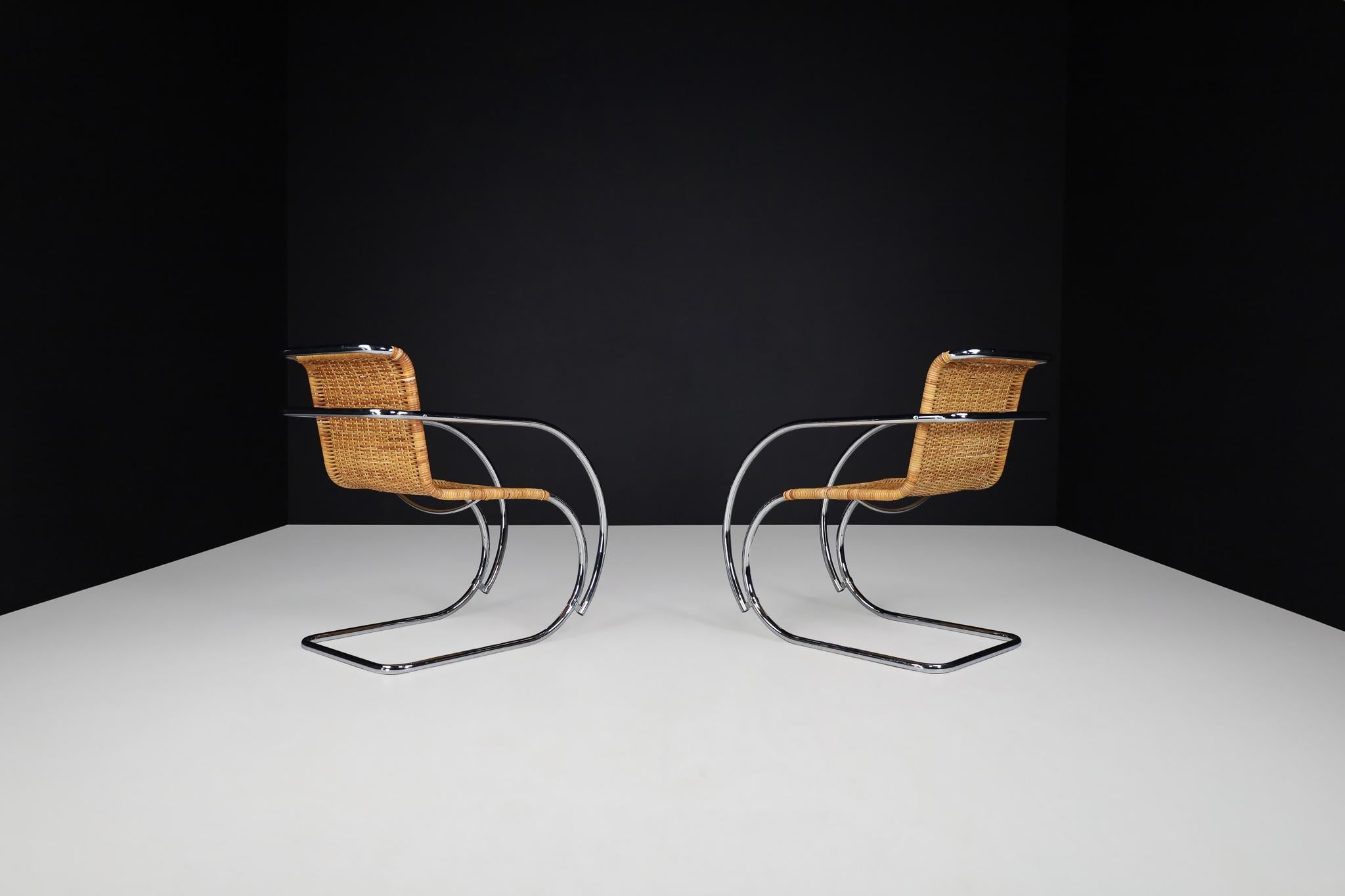 Mid-Century Modern  Mies Van Der Rohe MR20 Chrome & Wicker Lounge Chairs, 1970s  For Sale