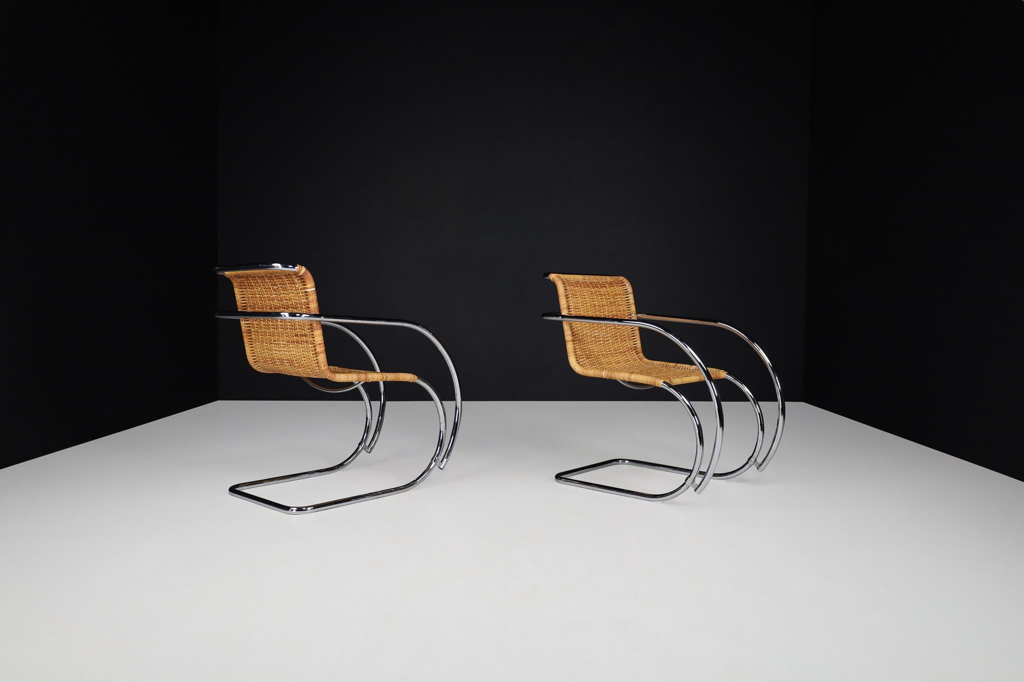Late 20th Century  Mies Van Der Rohe MR20 Chrome & Wicker Lounge Chairs, 1970s  For Sale