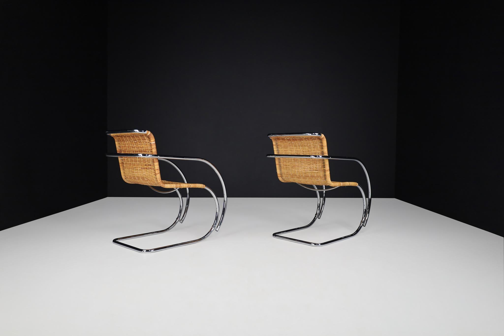  Mies Van Der Rohe MR20 Chrome & Wicker Lounge Chairs, 1970s  For Sale 1