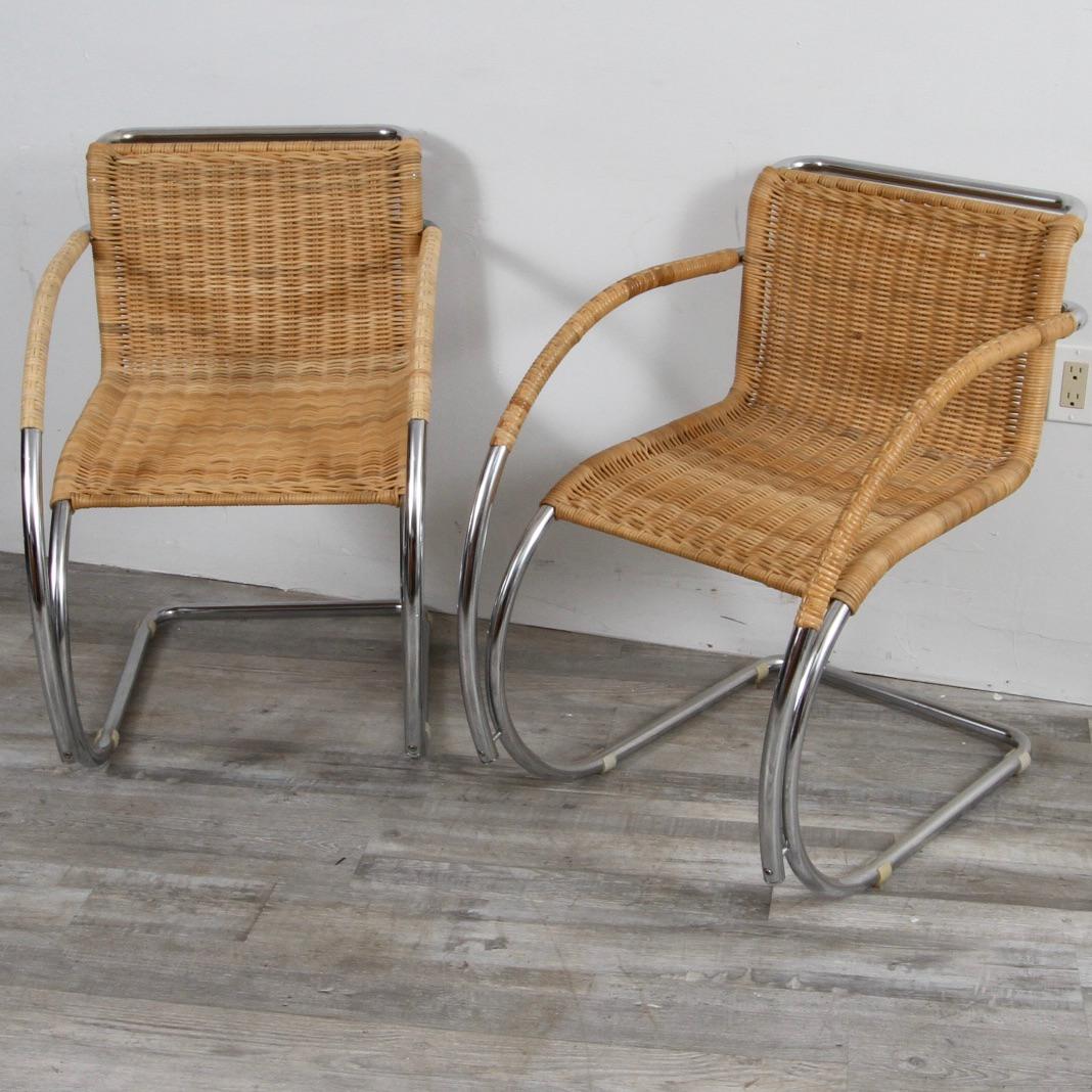 Mies van der Rohe MR20 chrome and wicker lounge chairs, first time out of the original owners home since purchased in the 70s. These chairs are a version of the chair the Mies presented at the model housing exhibition in 1927. This cantilevered