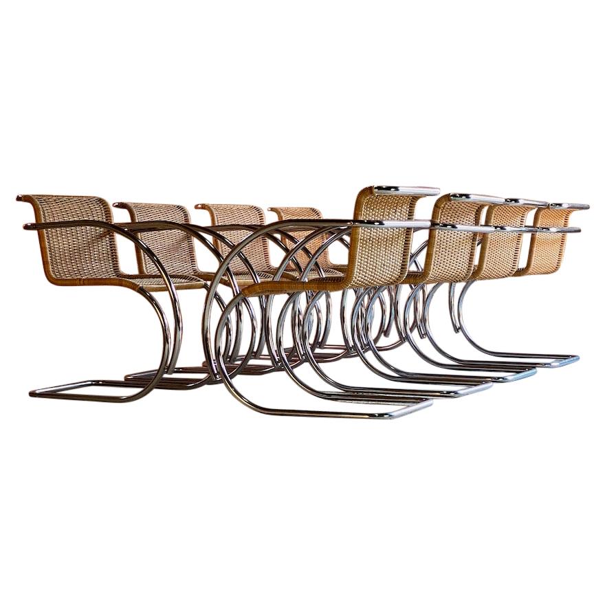 Mies van der Rohe MR20 Rattan Dining Chairs Set of Eight Circa 1960s
