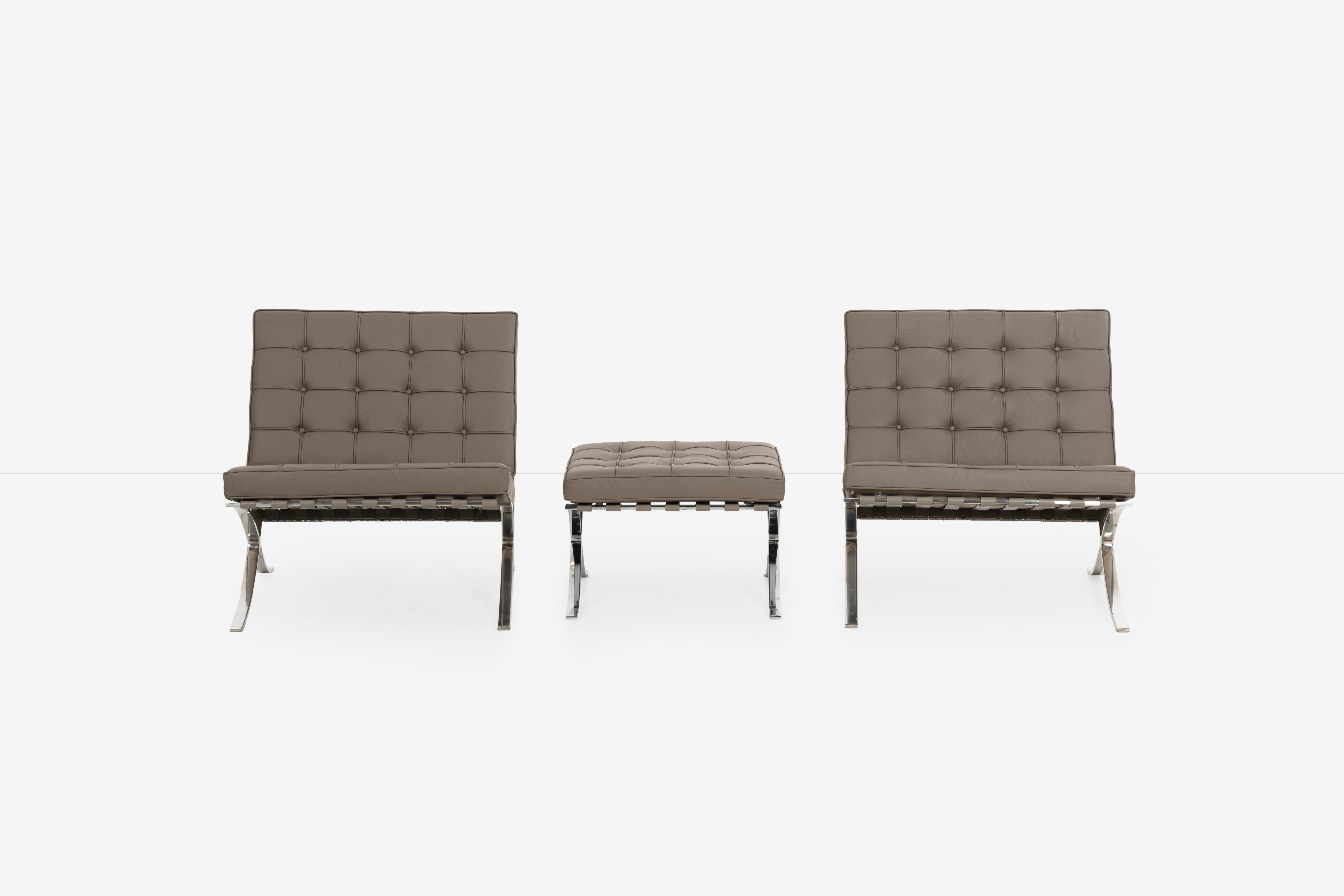 Mid-Century Modern Mies van Der Rohe Pair of Barcelona Chairs and Ottoman for Knoll International