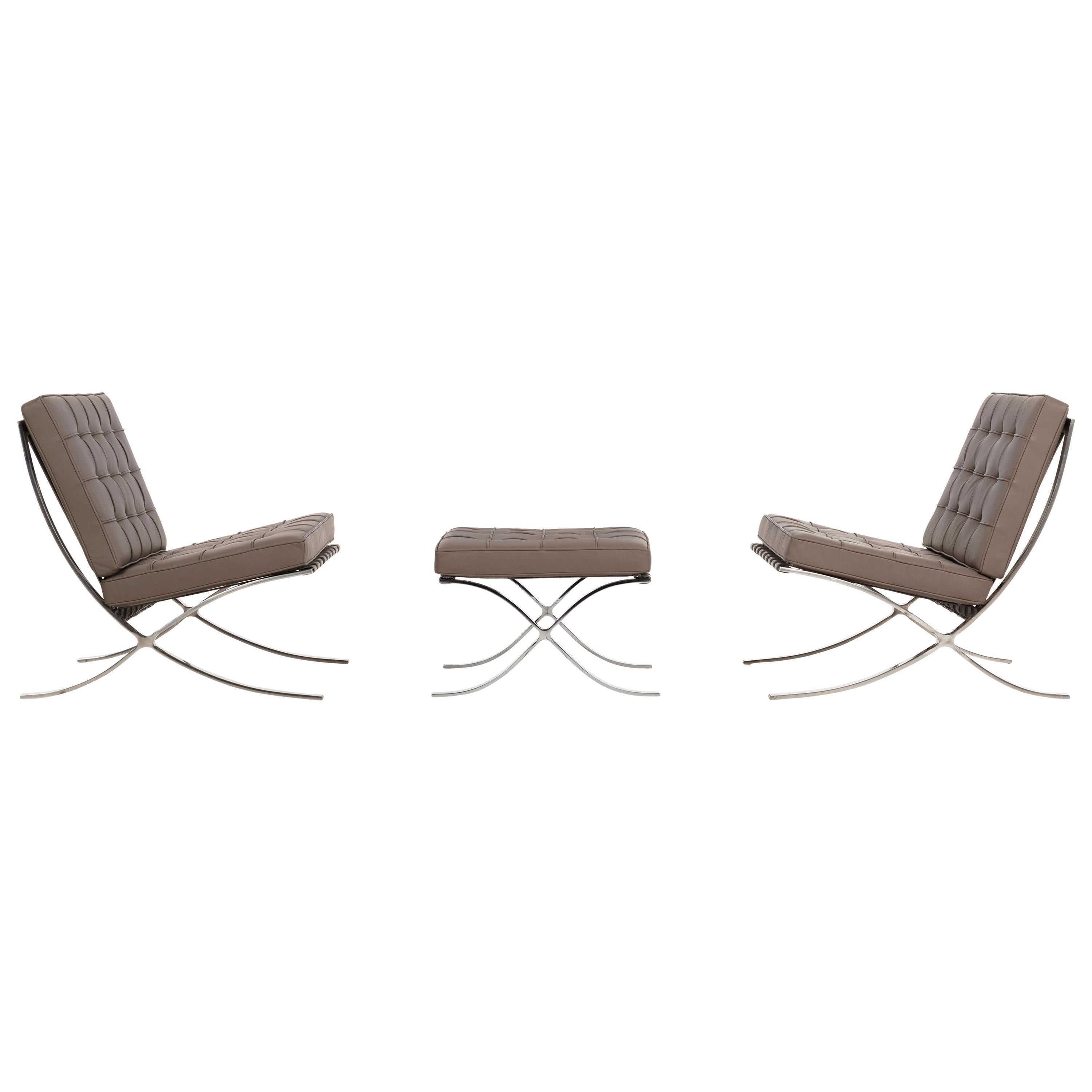Mies van Der Rohe Pair of Barcelona Chairs and Ottoman for Knoll International