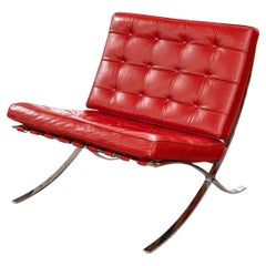 Red Leather Barcelona Style Accent Lounge Chair attributed to Knoll