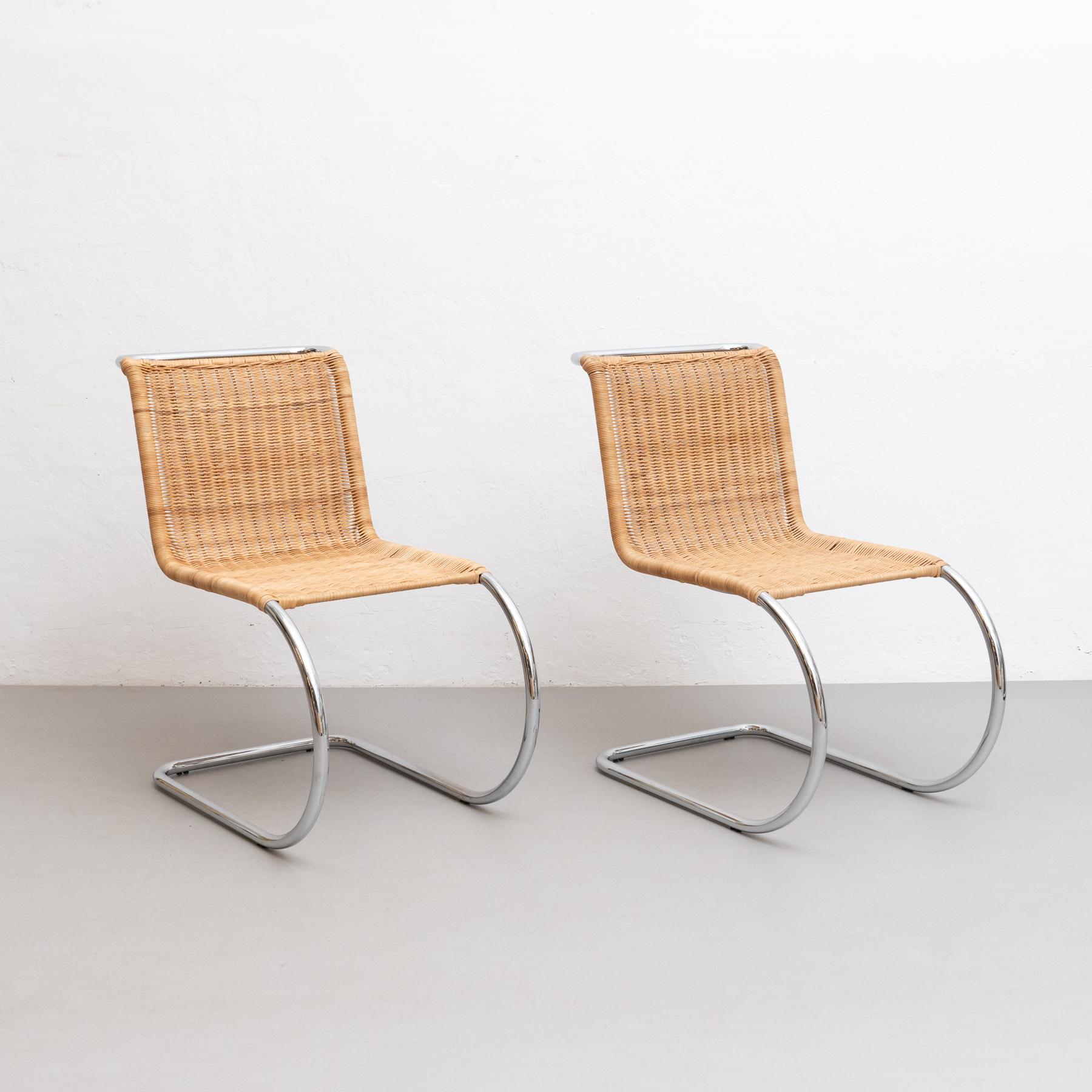 Mid-Century Modern Mies van der Rohe Set of 2 MR10 Rattan Easy Chairs, circa 1960