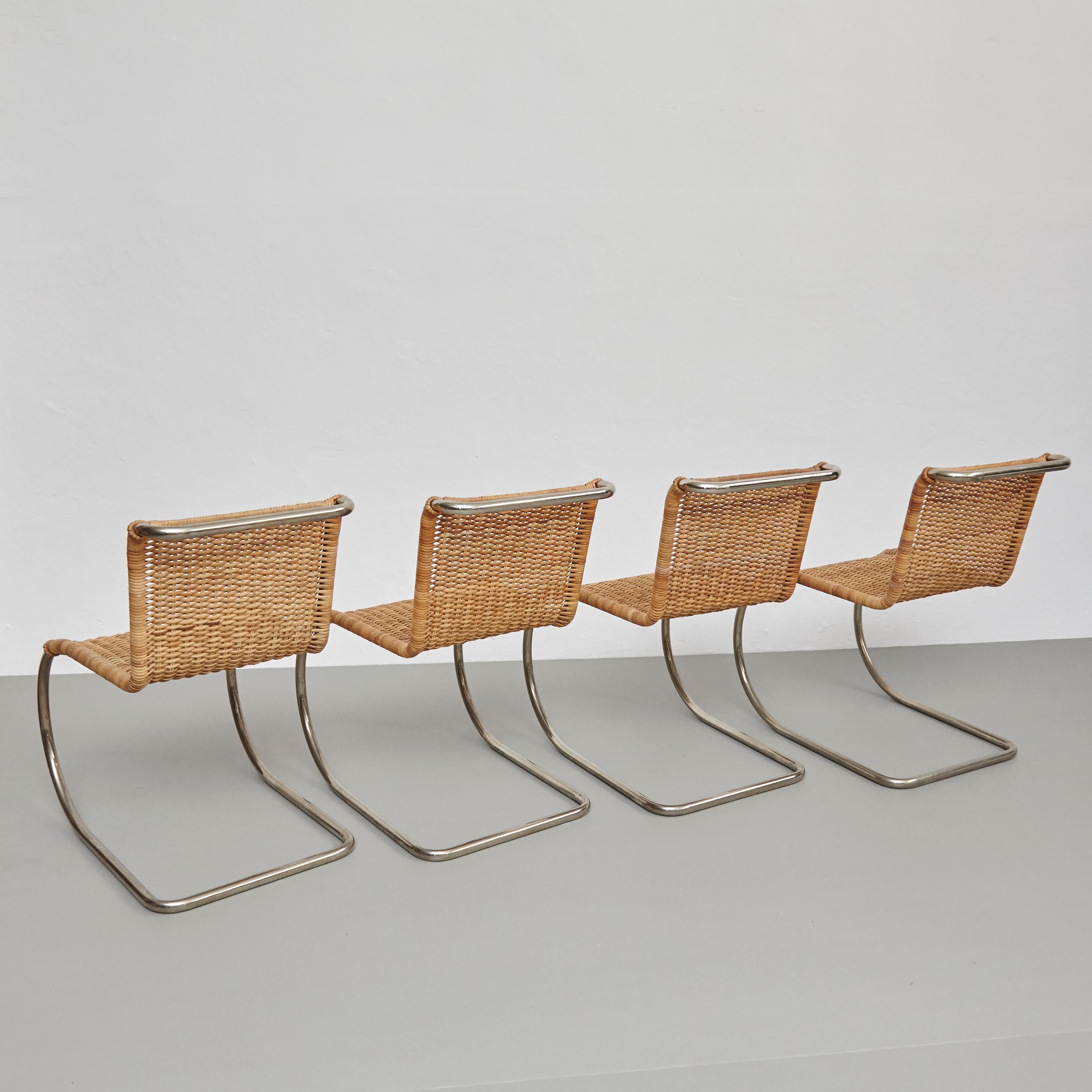 Set of 4 MR10 chairs designed by Ludwig Mies van der Rohe in 1927.
Manufactured by Tecta, circa 1960. Germany

Inspired by the chairs of Marcel Breuer, Ludwig Mies van der Rohe replaced the right angles on the front legs with a graceful curve