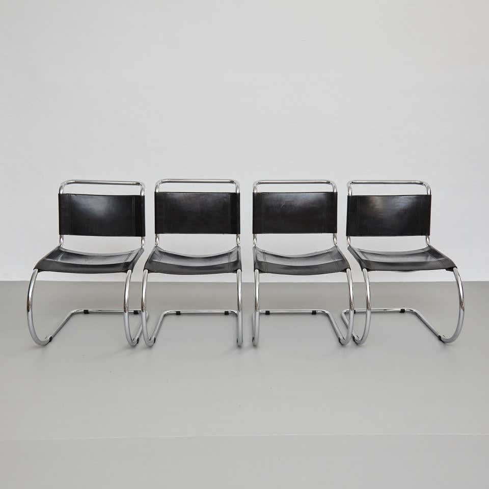Set of 4 MR10 cantilever chairs by Ludwig Mies van der Rohe, circa 1930.
By unknown manufacturer, circa 1960. Germany

Inspired by the chairs of Marcel Breuer, Ludwig Mies van der Rohe replaced the right angles on the front legs with a graceful