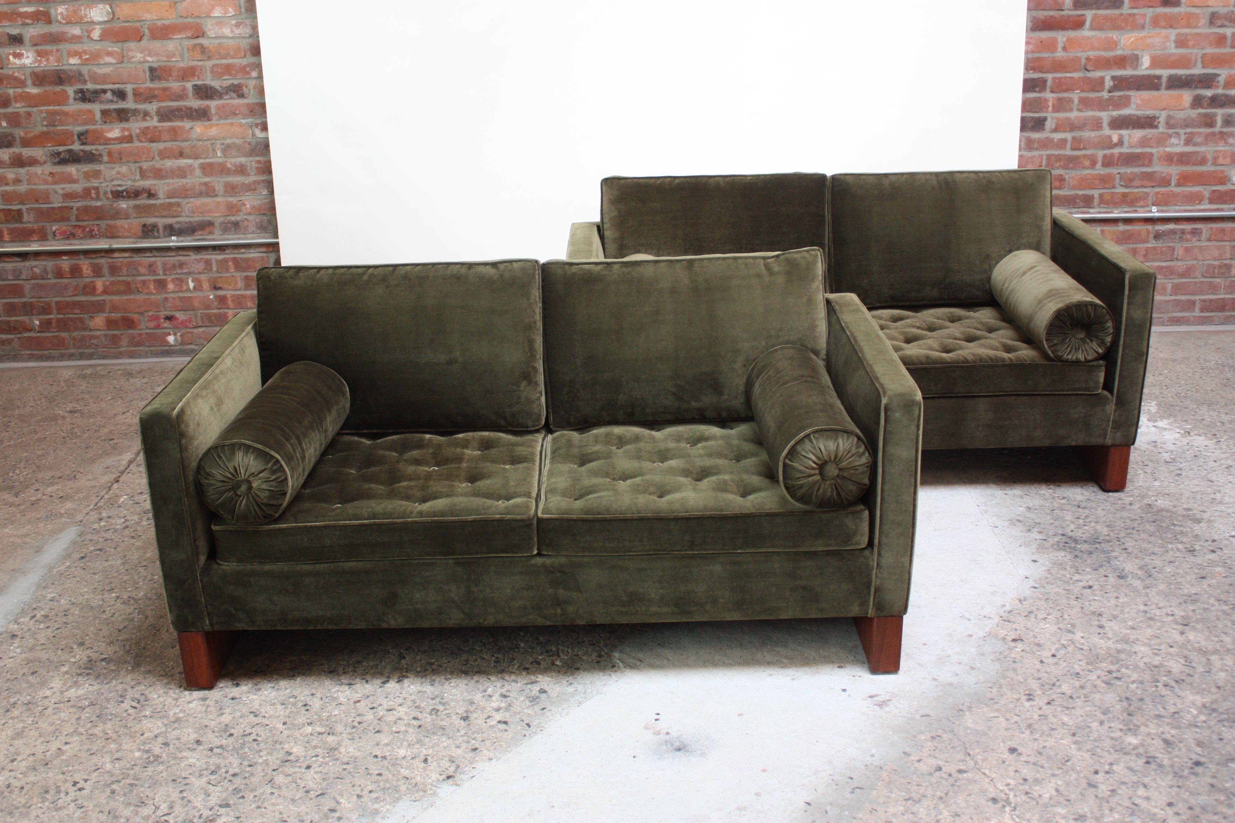 American Mies van der Rohe Settee in Velvet and Teak