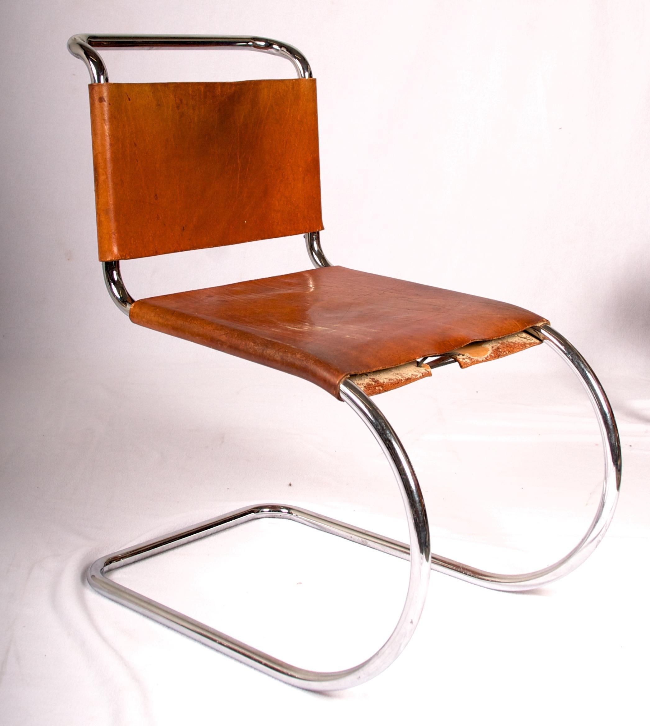 Mid-Century Modern Mies van der Rohe, Six Early Side Chairs Original Leather with Lacing, MR Series