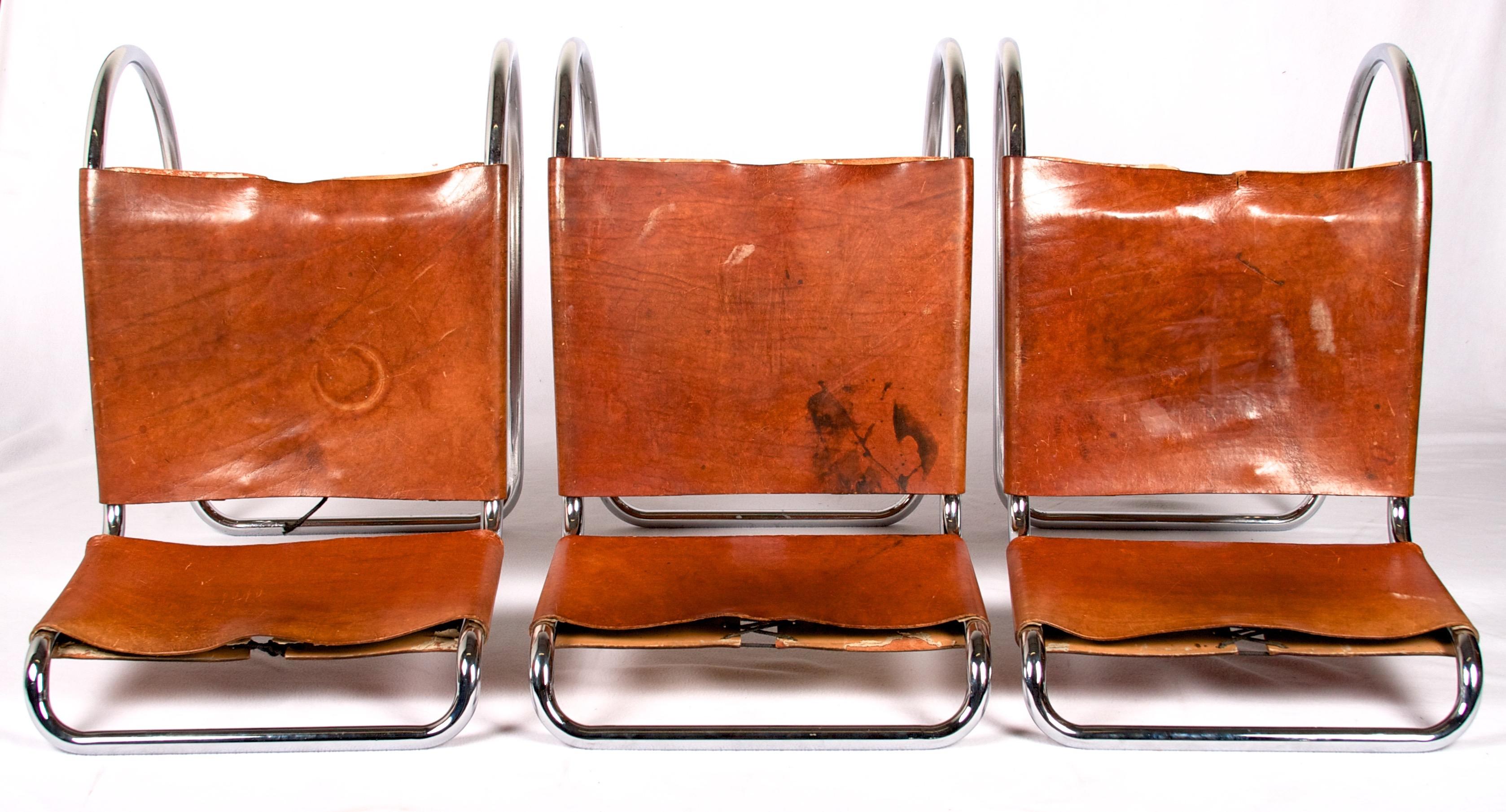 Mies van der Rohe, Six Early Side Chairs Original Leather with Lacing, MR Series 2