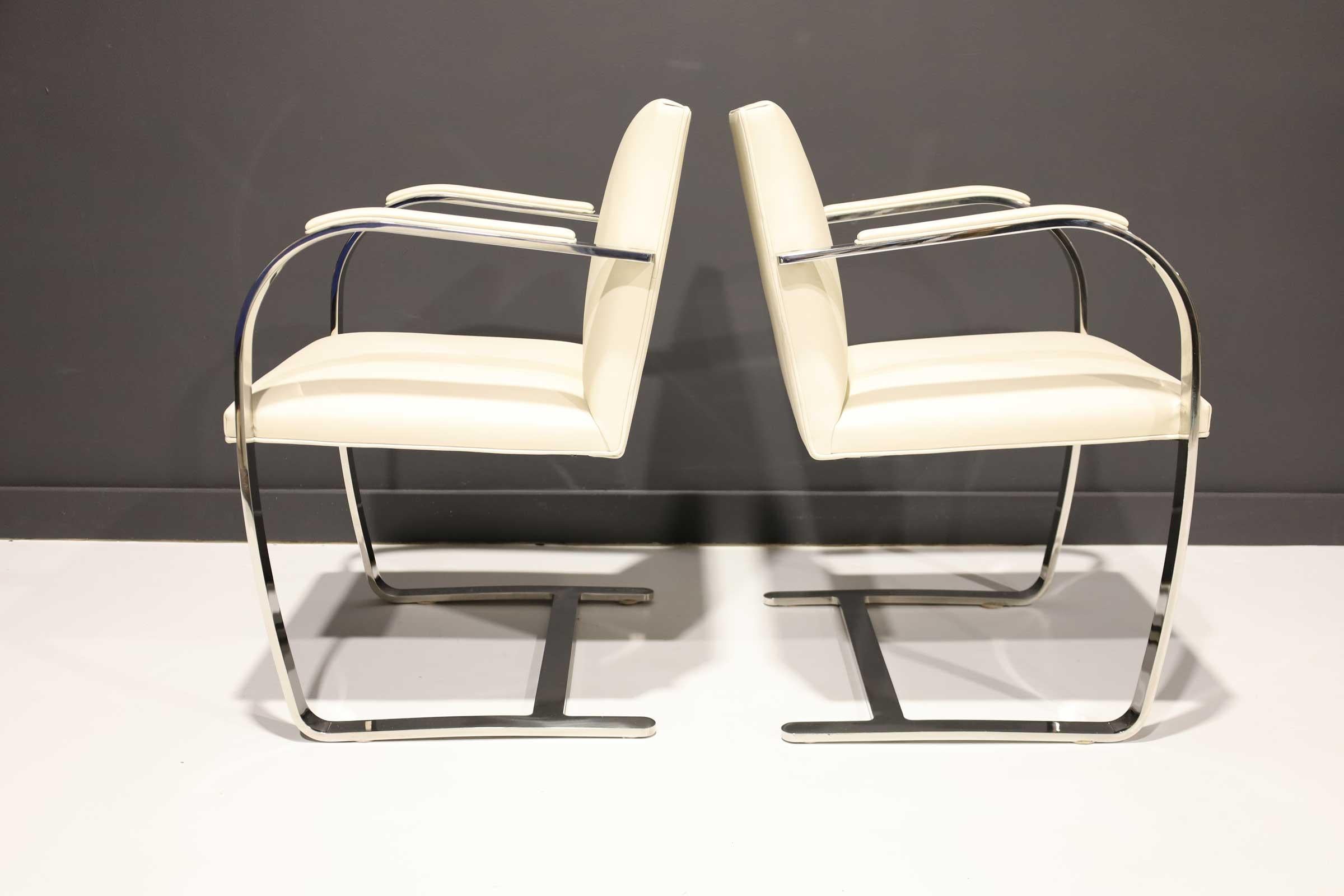 Mid-Century Modern Mies Van Der Rohe Stainless Steel Brno Chairs by Knoll in Off-White Leather