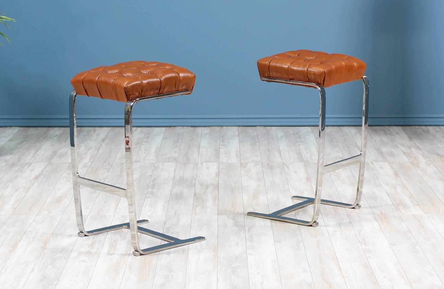 Mid-Century Modern Mies van der Rohe Steel and Leather Tufted Bar Stools for Knoll