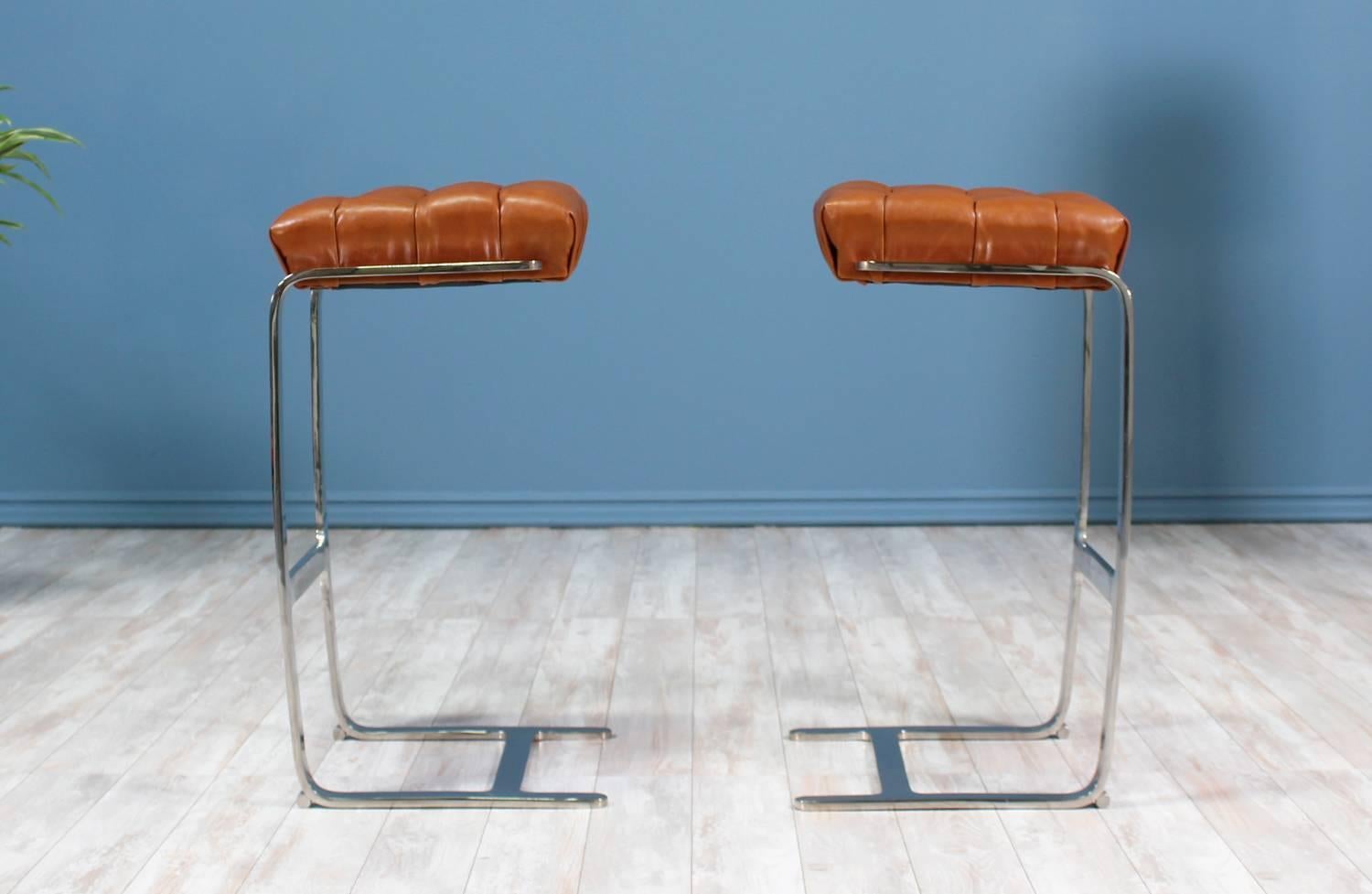 American Mies van der Rohe Steel and Leather Tufted Bar Stools for Knoll