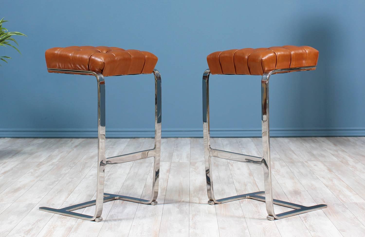 Mies van der Rohe Steel and Leather Tufted Bar Stools for Knoll In Excellent Condition In Los Angeles, CA