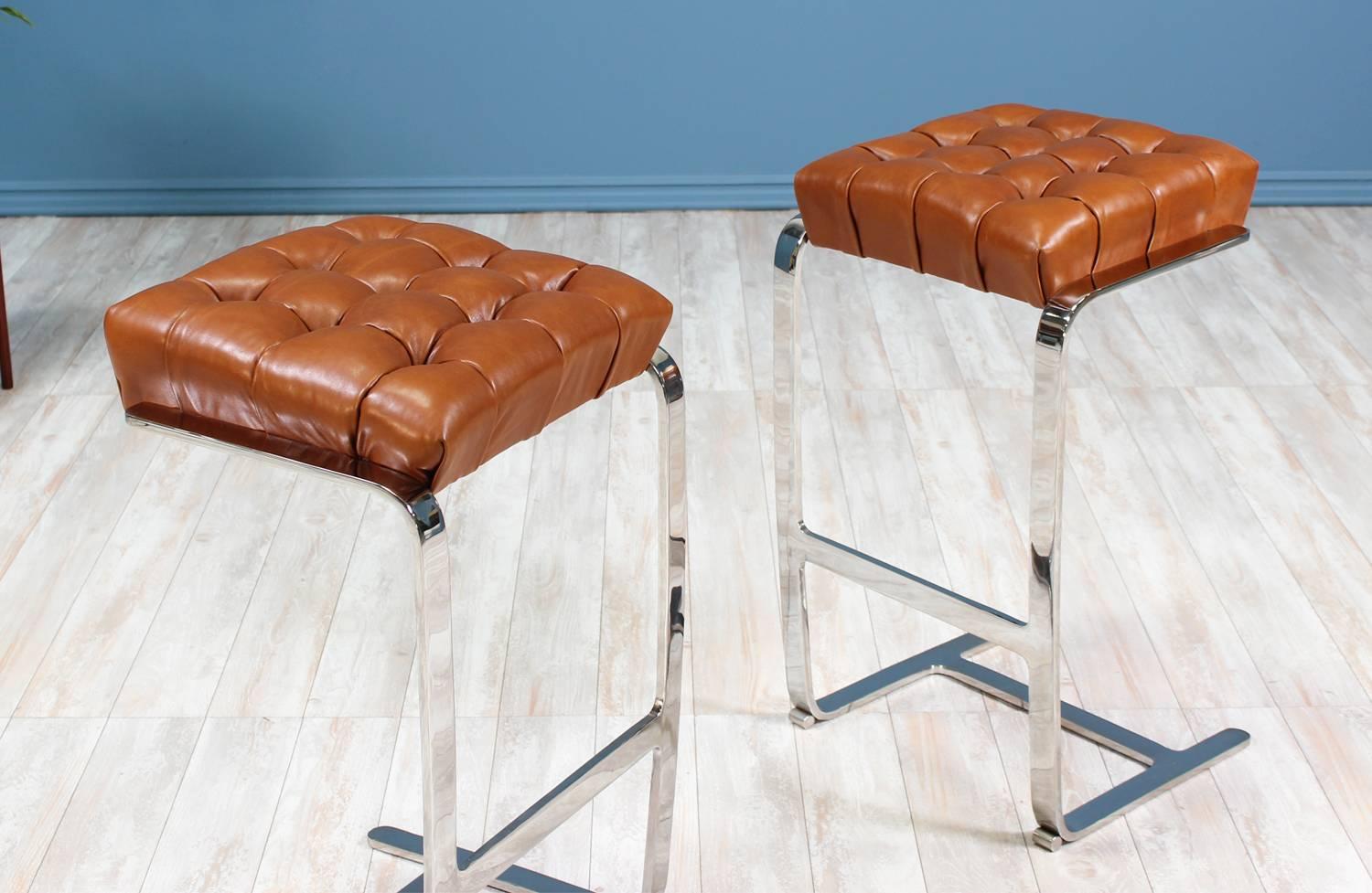 Mies van der Rohe Steel and Leather Tufted Bar Stools for Knoll 1