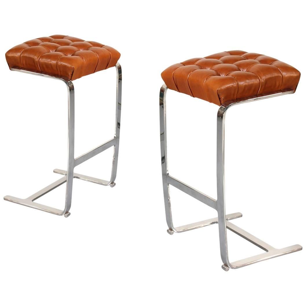 Mies van der Rohe Steel and Leather Tufted Bar Stools for Knoll