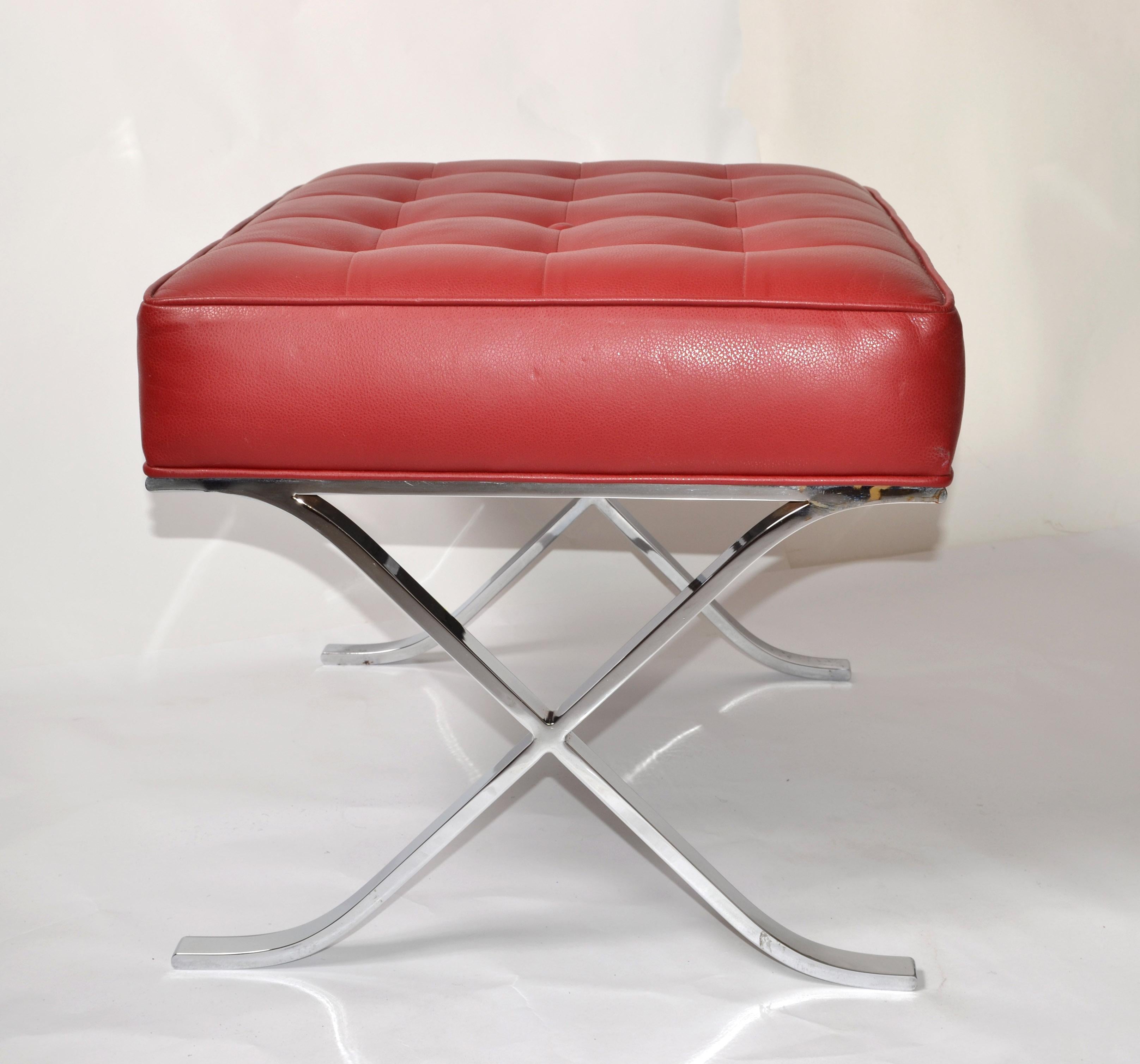 Mies Van Der Rohe Style Barcelona Chromed Steel Red Vinyl Ottoman Footstool 1980 3