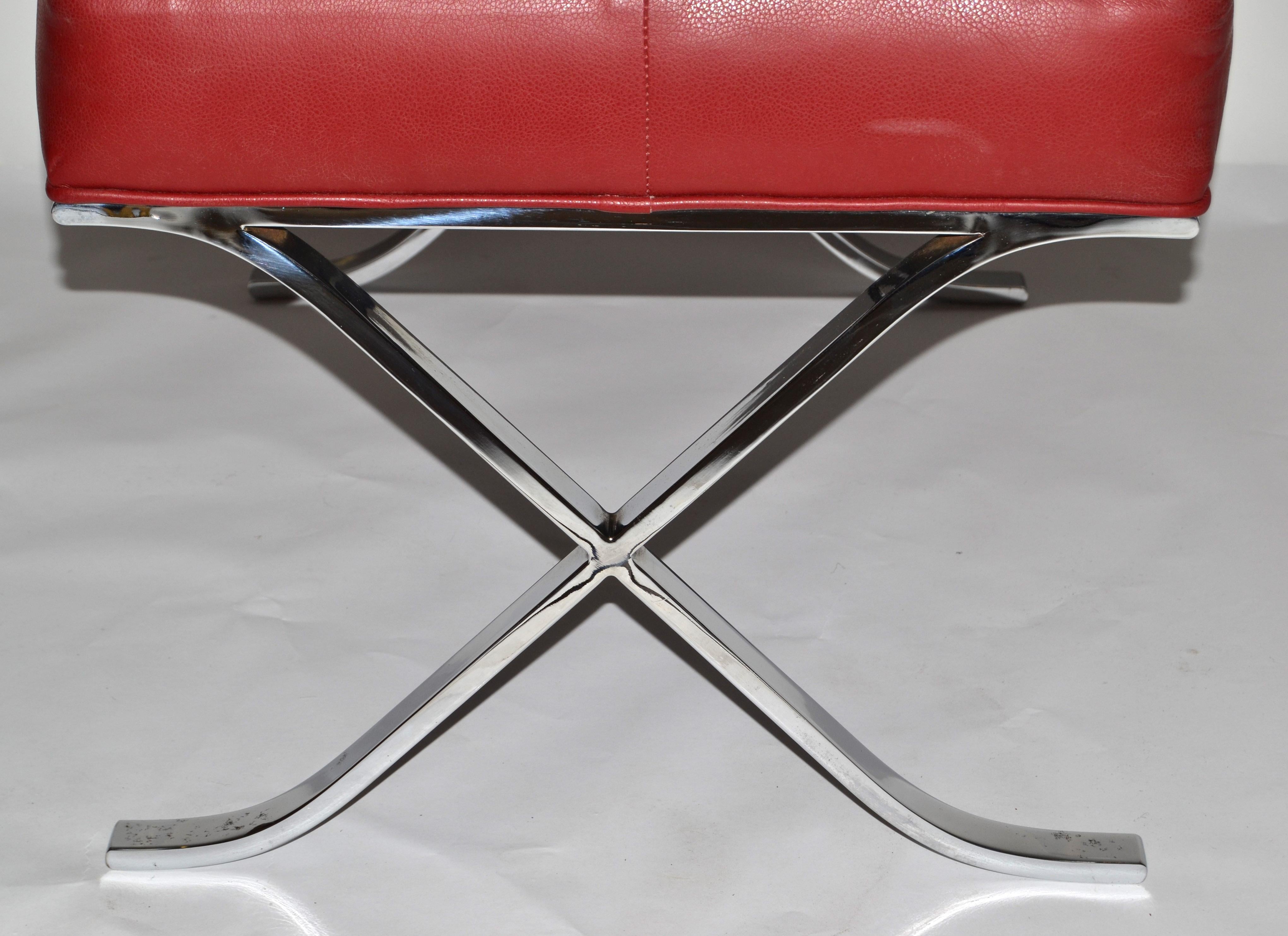 Mies Van Der Rohe Style Barcelona Chromed Steel Red Vinyl Ottoman Footstool 1980 For Sale 4