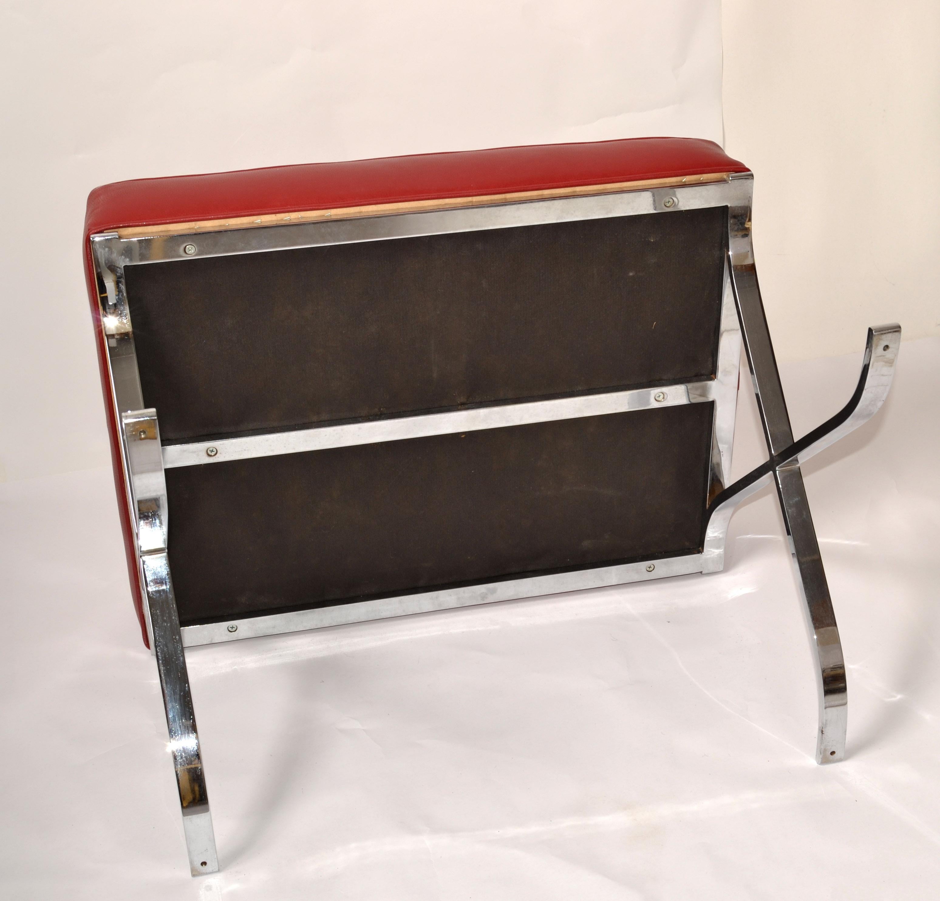 Mies Van Der Rohe Style Barcelona Chromed Steel Red Vinyl Ottoman Footstool 1980 6