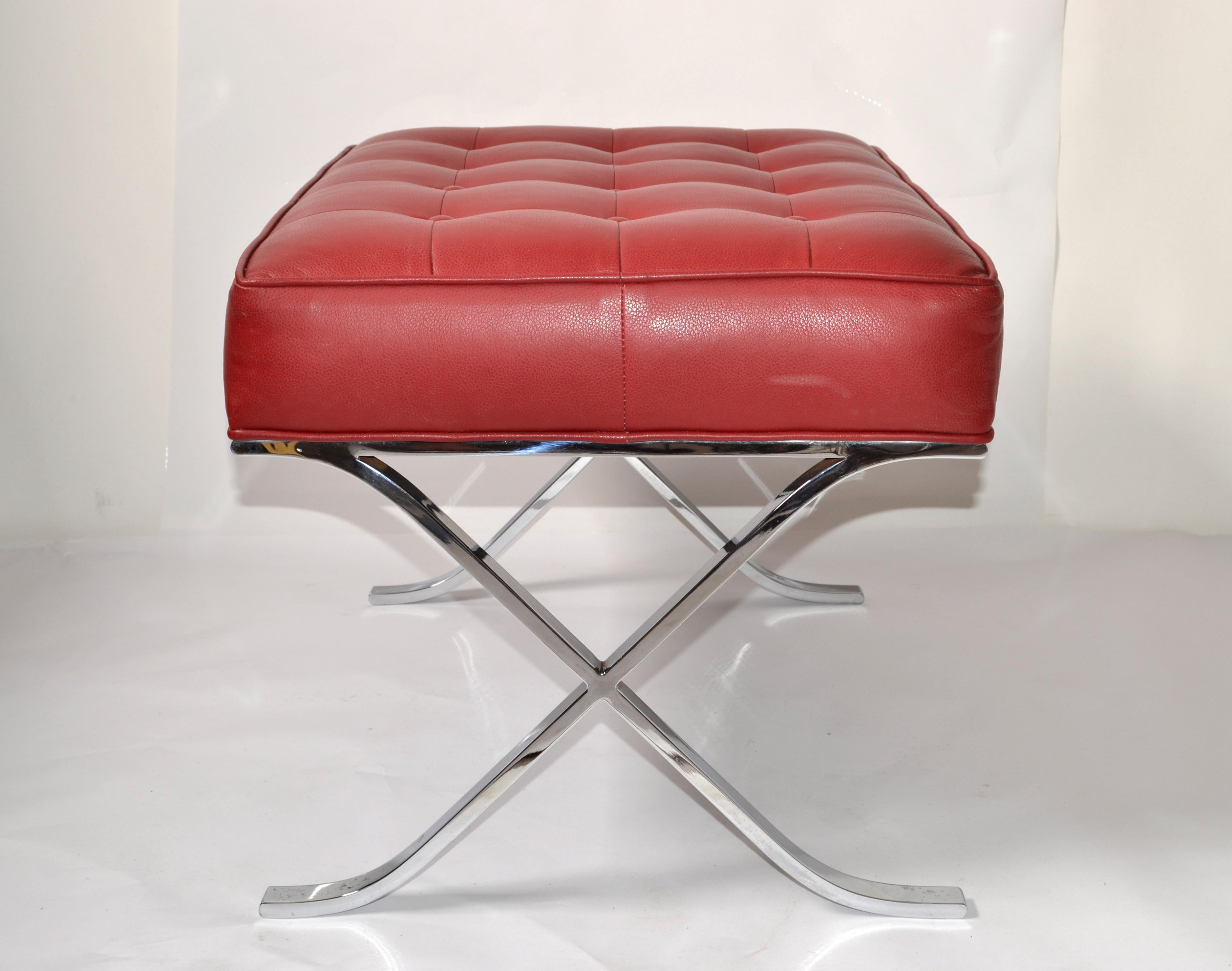 Mies Van Der Rohe Style Barcelona Chromed Steel Red Vinyl Ottoman Footstool 1980 8