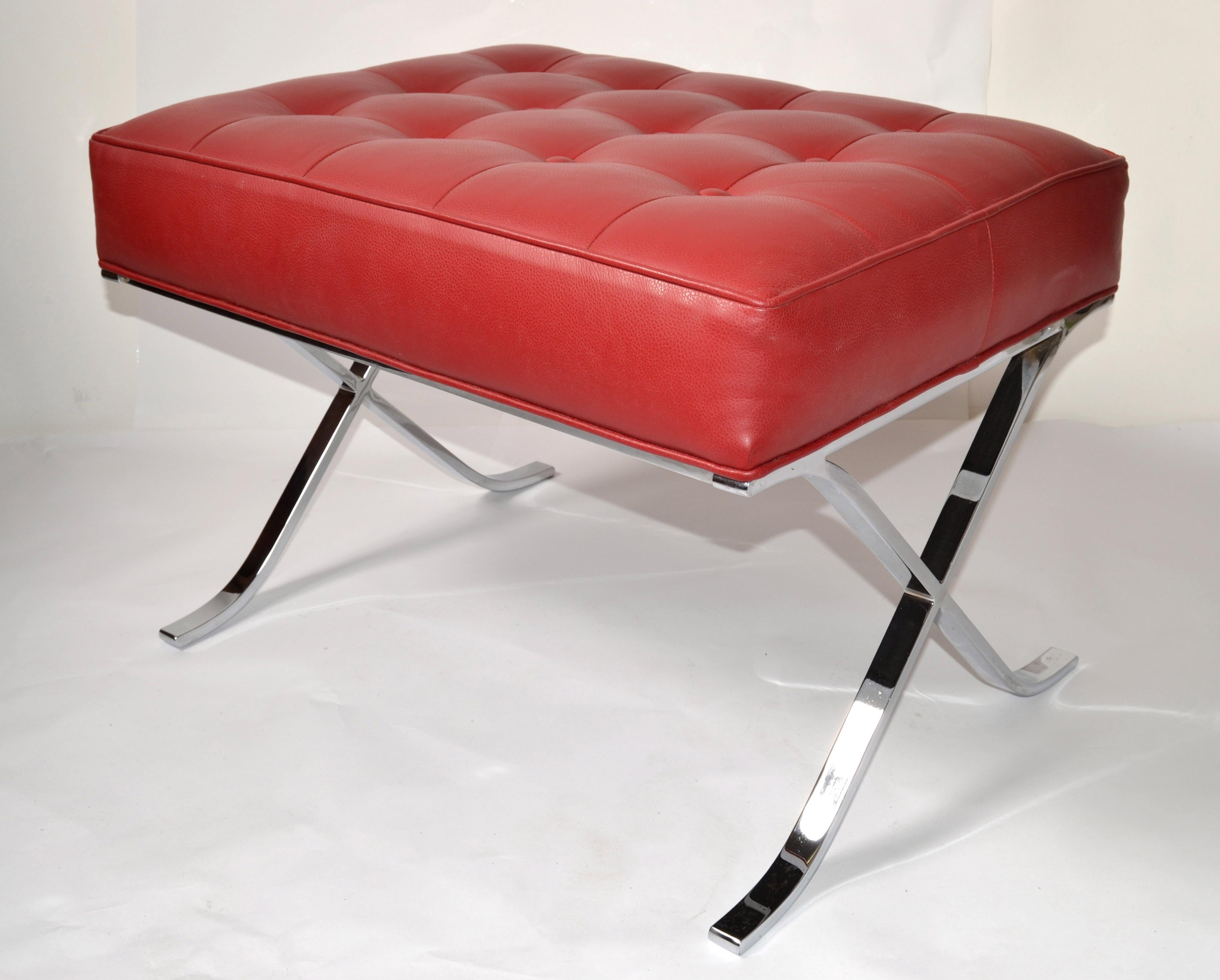 Mies Van Der Rohe Style Barcelona Chromed Steel Red Vinyl Ottoman Footstool 1980 9