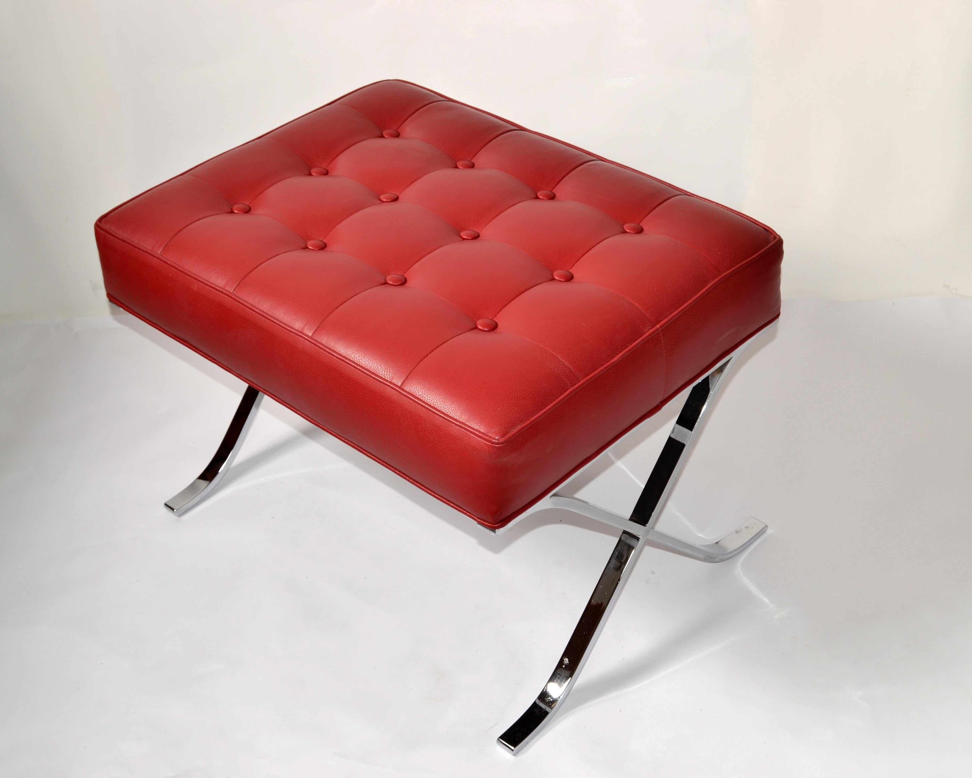 Mid-Century Modern Mies Van Der Rohe Style Barcelona Chromed Steel Red Vinyl Ottoman Footstool 1980