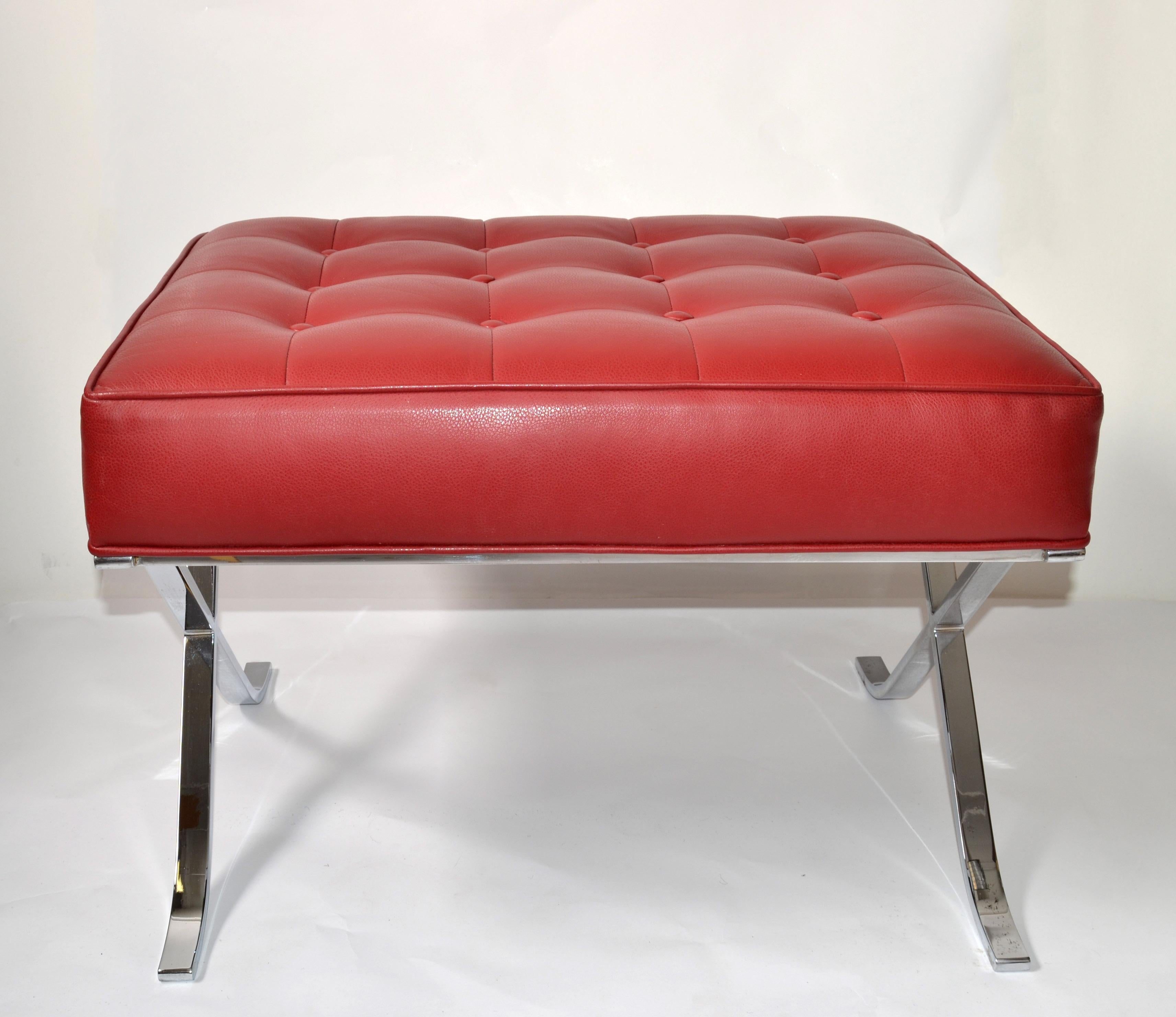 American Mies Van Der Rohe Style Barcelona Chromed Steel Red Vinyl Ottoman Footstool 1980 For Sale