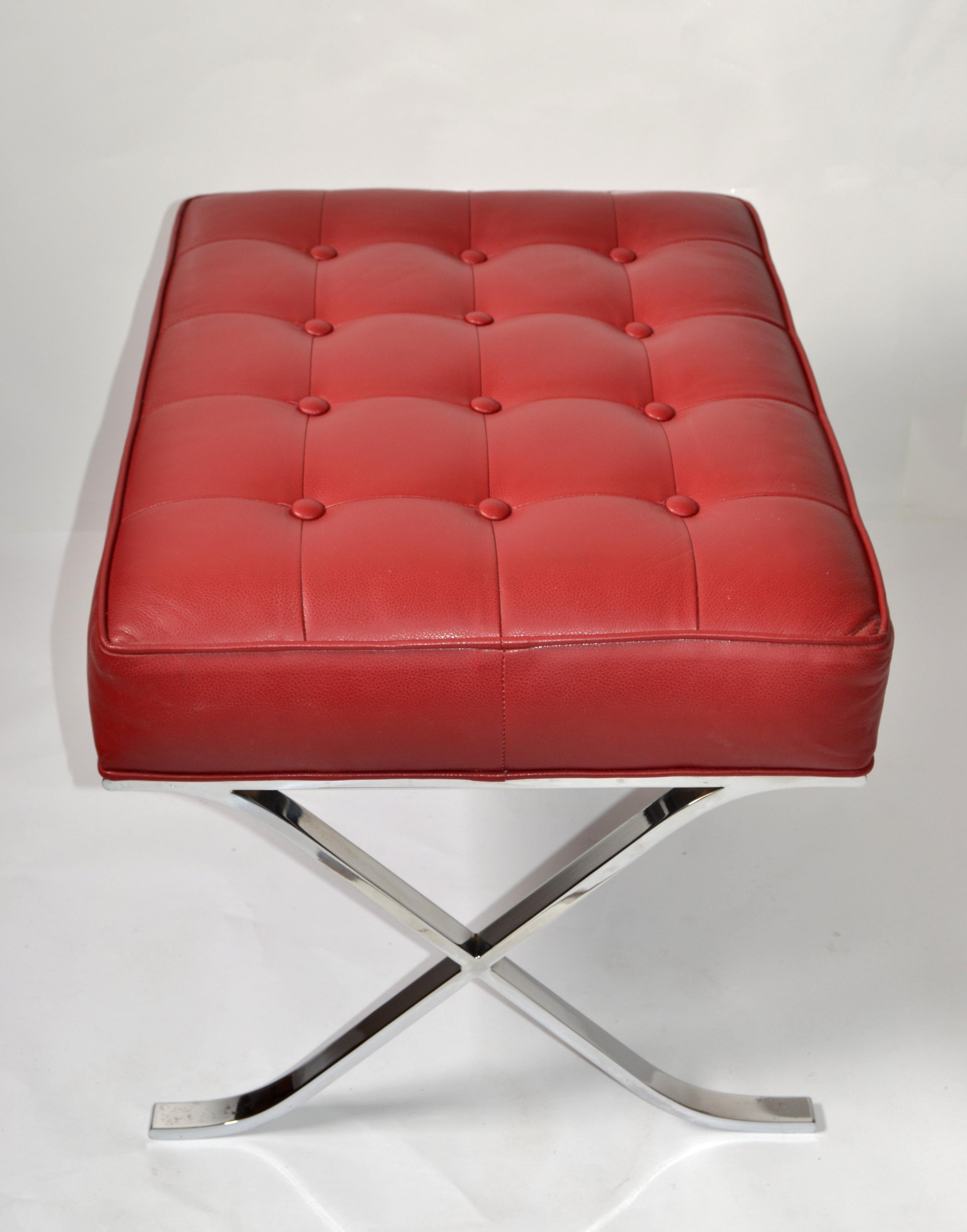 Polychromed Mies Van Der Rohe Style Barcelona Chromed Steel Red Vinyl Ottoman Footstool 1980 For Sale
