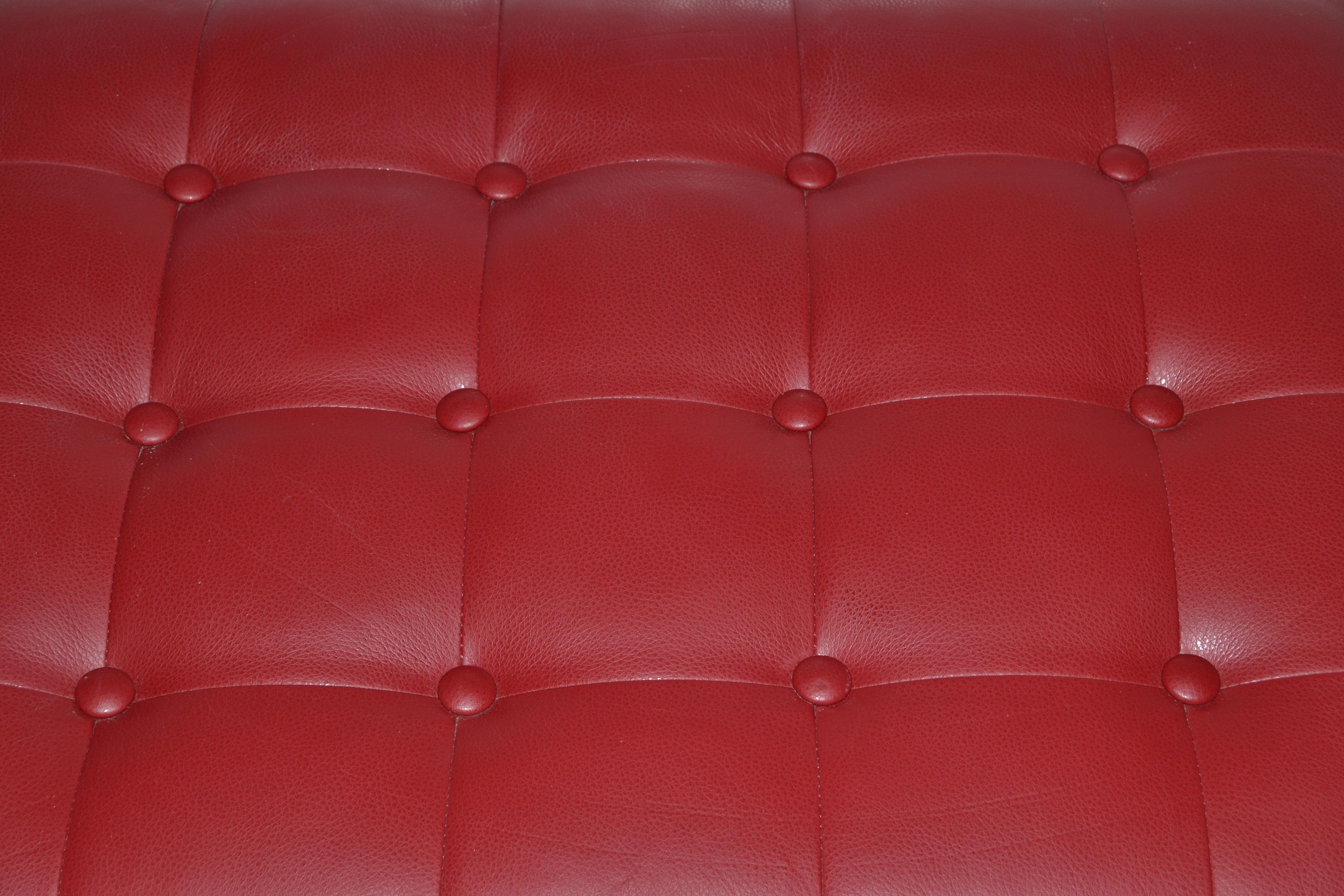 Polychromed Mies Van Der Rohe Style Barcelona Chromed Steel Red Vinyl Ottoman Footstool 1980
