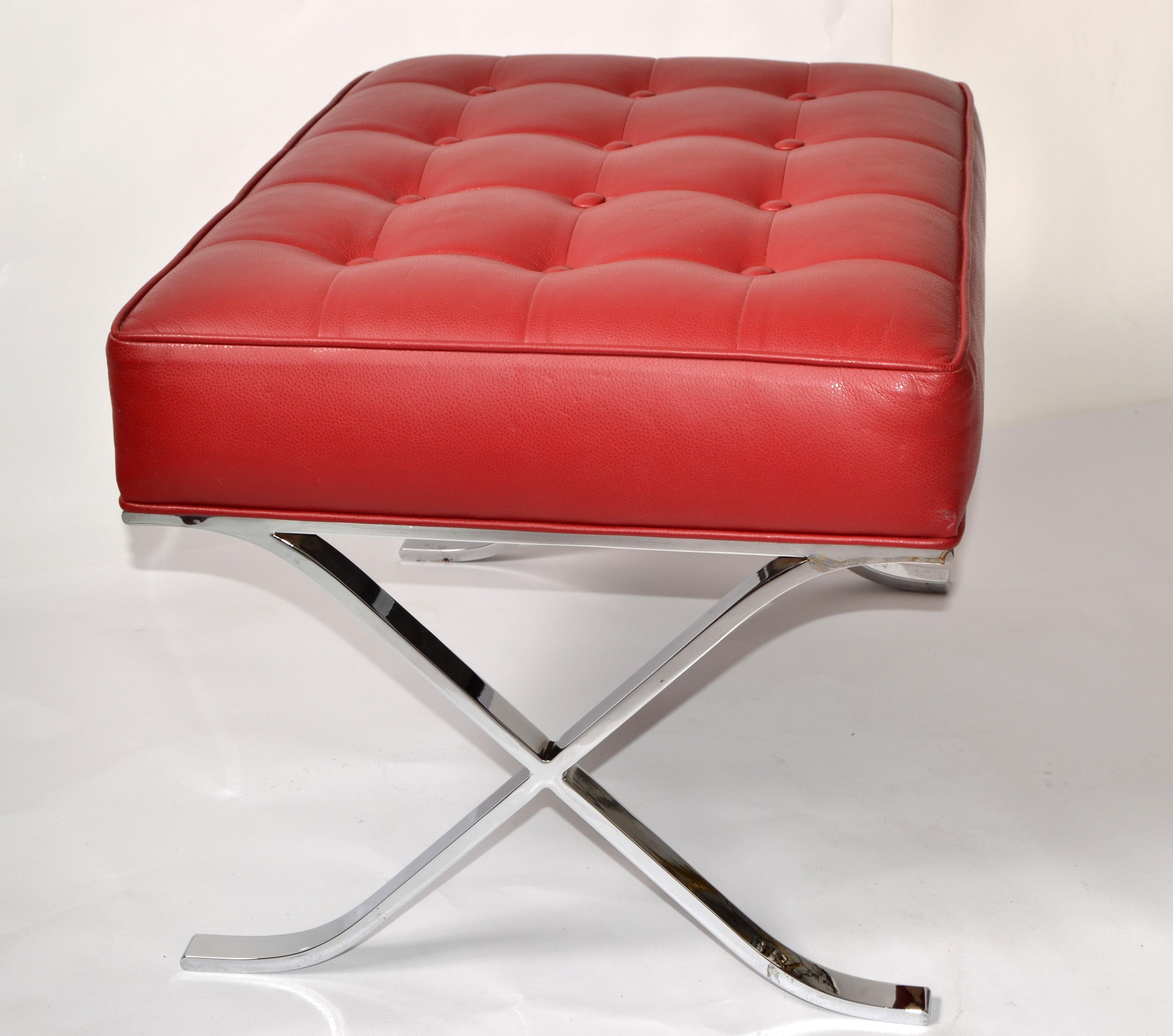 Mies Van Der Rohe Style Barcelona Chromed Steel Red Vinyl Ottoman Footstool 1980 For Sale 1