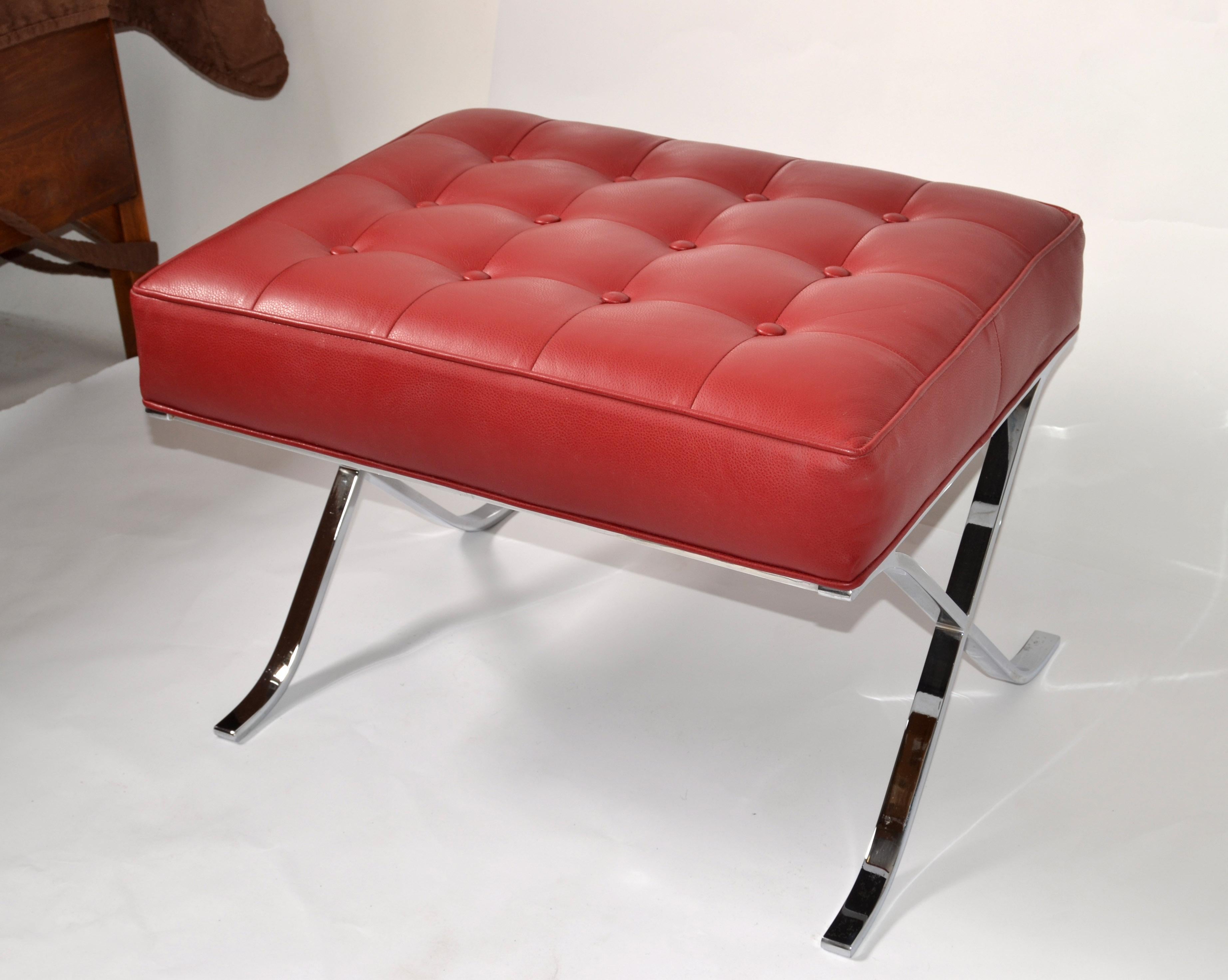 Mies Van Der Rohe Style Barcelona Chromed Steel Red Vinyl Ottoman Footstool 1980 2