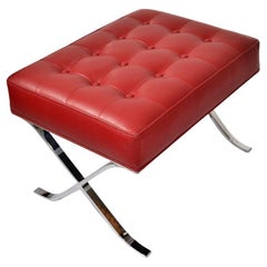 Mies Van Der Rohe Style Barcelona Chromed Steel Red Vinyl Ottoman Footstool 1980