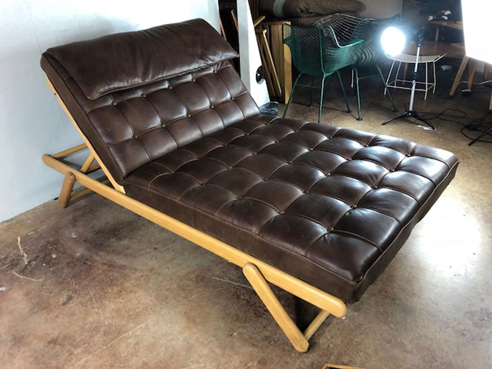 Mid-Century Modern Mies van der Rohe Style Double Wide Leather Lounge Chair and Daybed For Sale