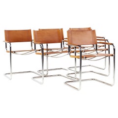 Mies Van Der Rohe Style Mid-Century Leather and Chrome Cantilever Dining Chairs