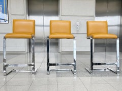 Polished Steel & Yellow Leather Counter Stools - A Set of 3