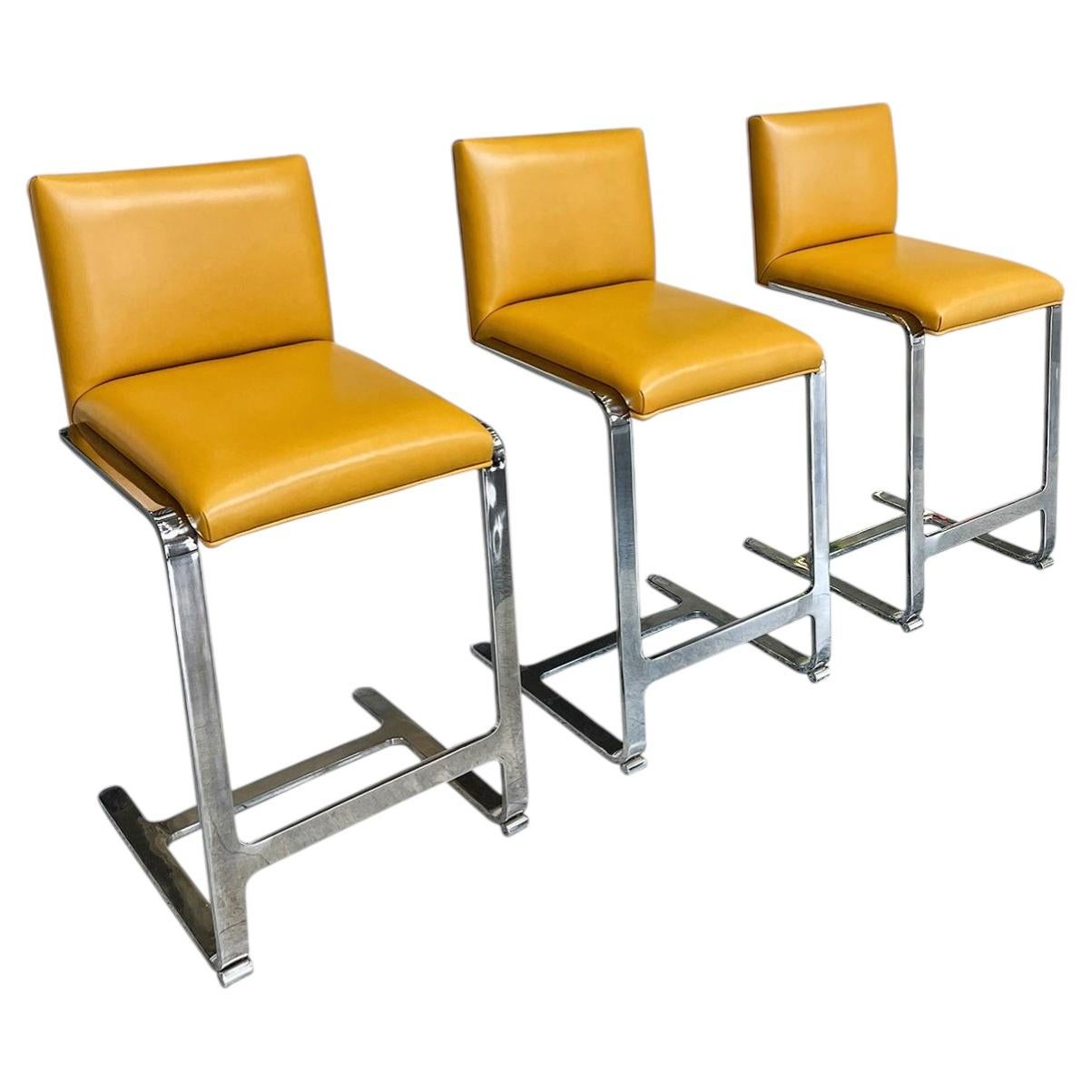 Polished Steel & Yellow Leather Counter Stools - A Set of 3