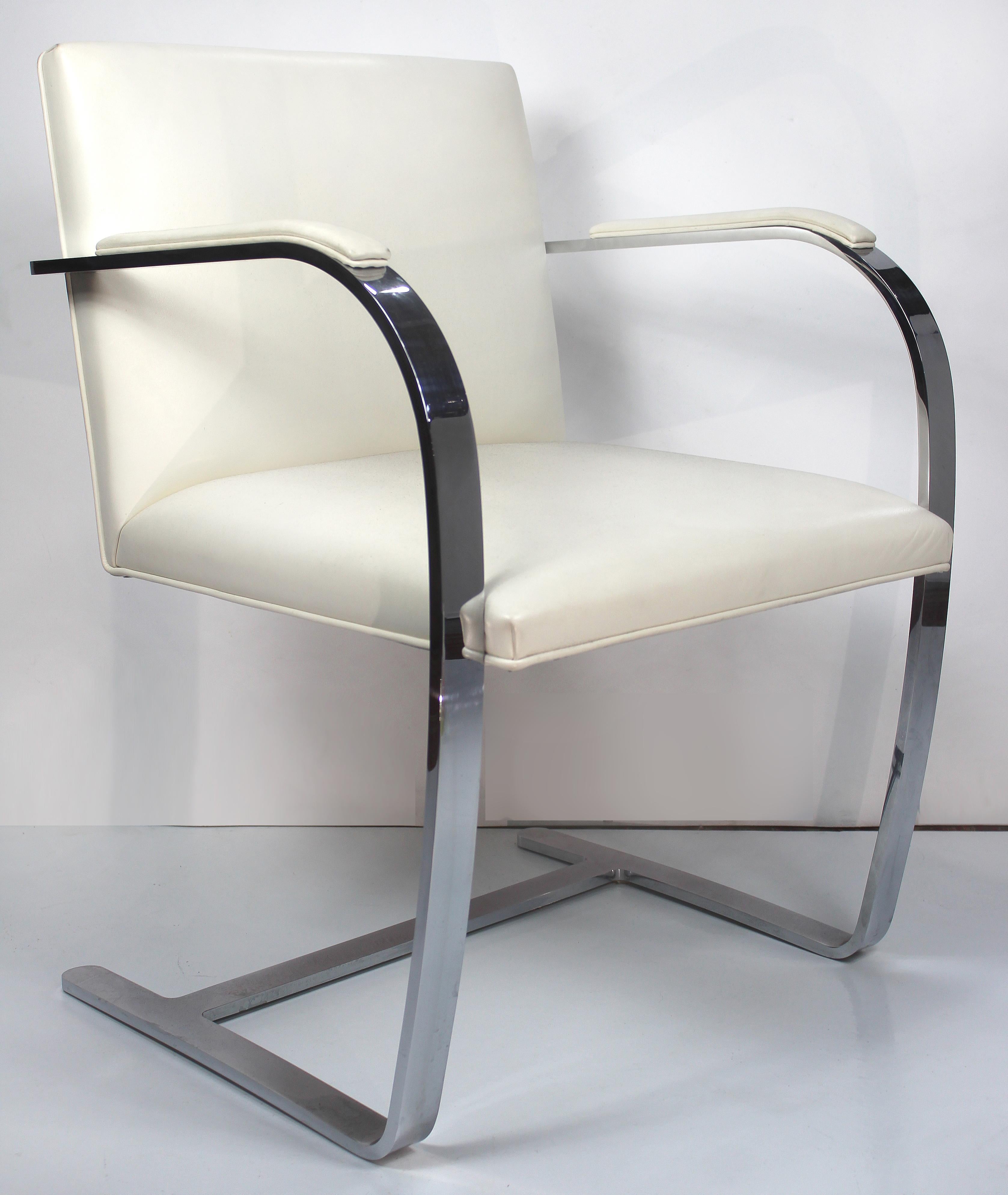 Contemporary Mies Van Der Rohe, Knoll Flat Bar Brno Chairs, Eggshell White Leather, Set of 4