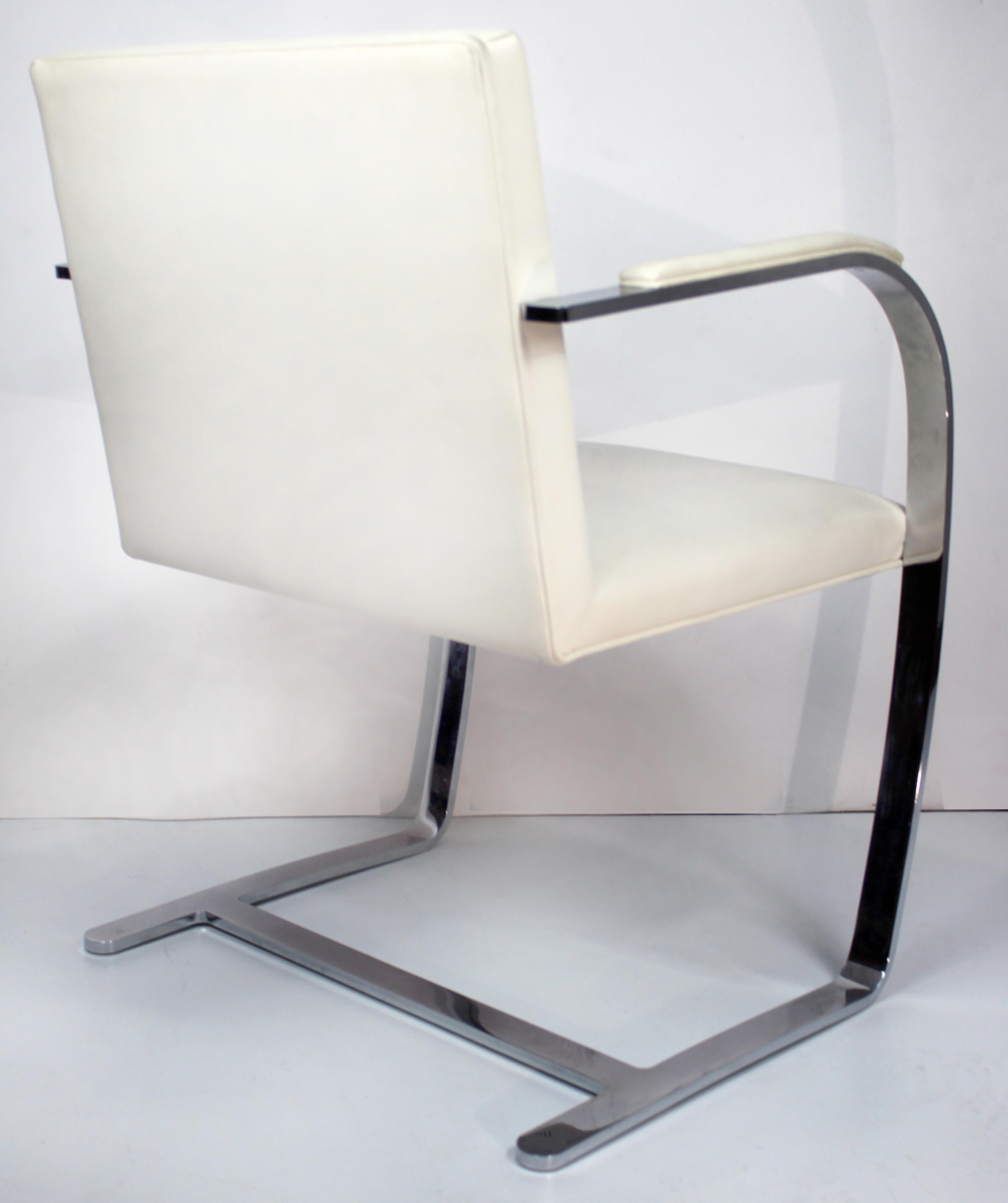 Stainless Steel Mies Van Der Rohe, Knoll Flat Bar Brno Chairs, Eggshell White Leather, Set of 4