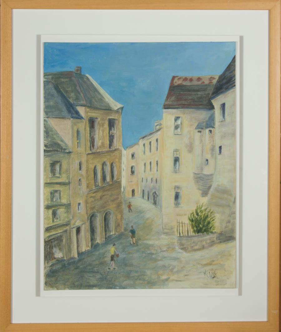 A delightful oil painting by Mig Smyth, depicting a continental street scene with three young boys playing with a ball. There is an artist's label to the reverse. Presented in a white card mount and in a simple wooden frame. Signed. On canvas board.
