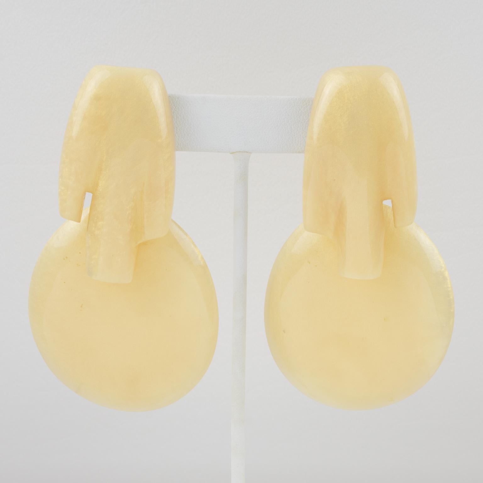 Modernist Migeon and Migeon Paris Yellow Pearlized Resin Clip Earrings For Sale